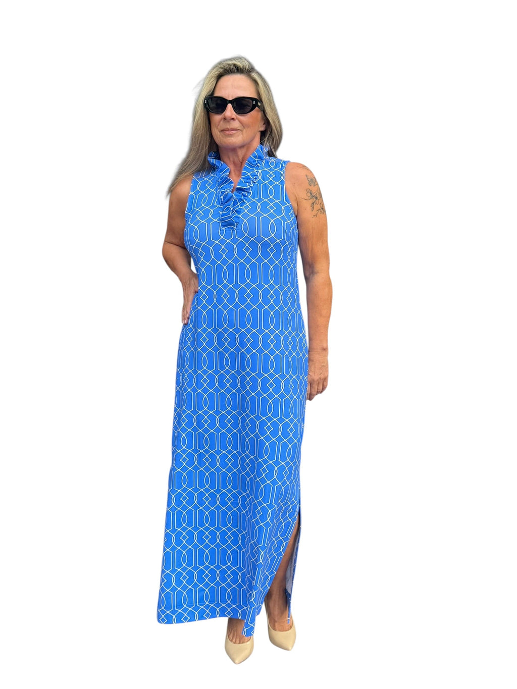 Ruffle - Neck Maxi Dress with UPF50+ Geometric Lines Peri - Back of the Bay Boutique