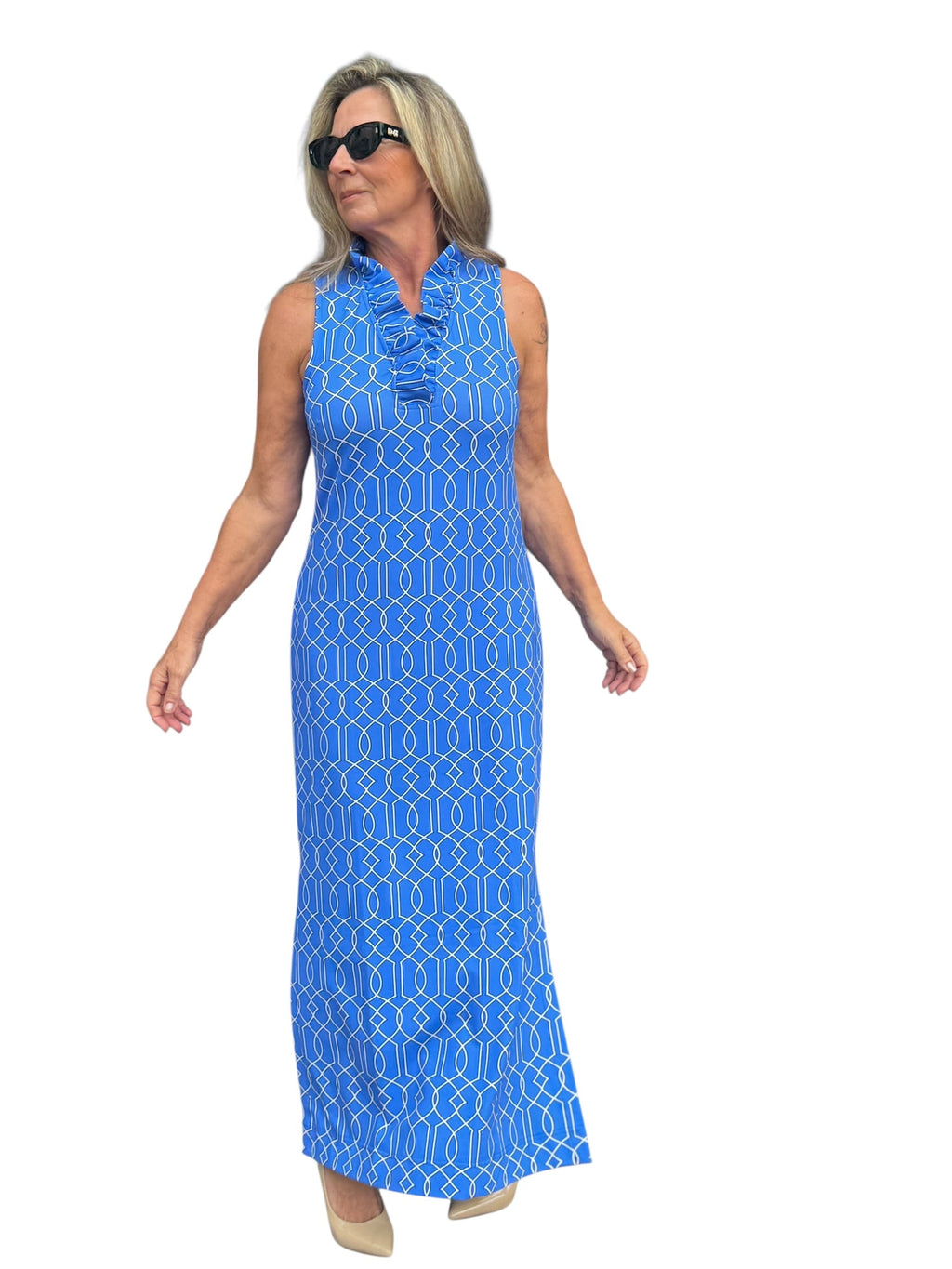 Ruffle - Neck Maxi Dress with UPF50+ Geometric Lines Peri - Back of the Bay Boutique