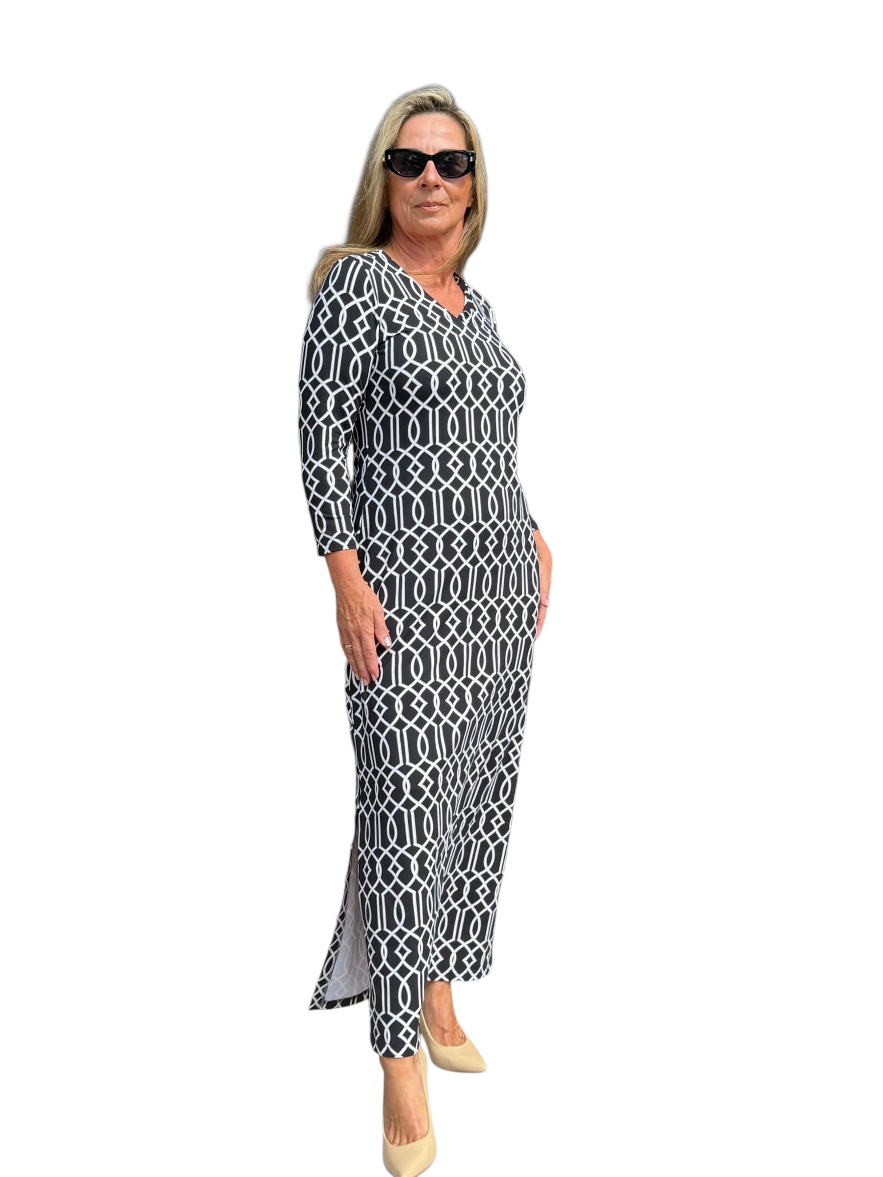 Maxi Elbow - Sleeve Dress with UPF50+ Geometric Lines Black - Back of the Bay Boutique