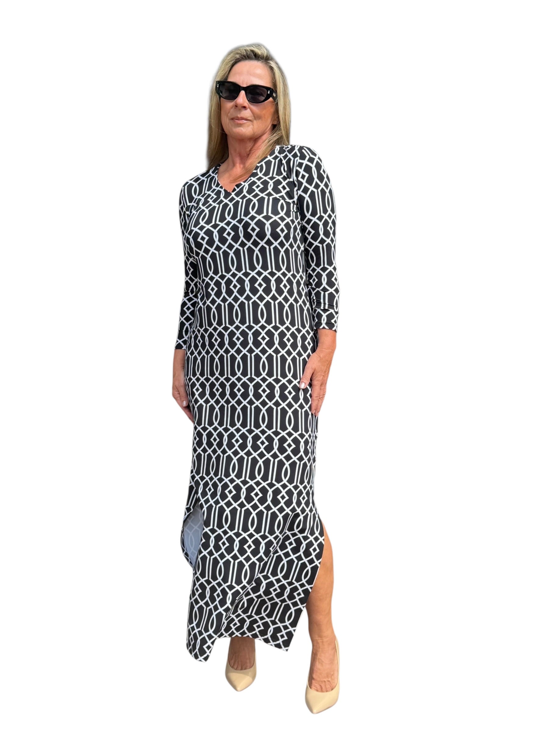 Maxi Elbow - Sleeve Dress with UPF50+ Geometric Lines Black - Back of the Bay Boutique