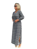 Maxi Elbow - Sleeve Dress with UPF50+ Geometric Lines Black - Back of the Bay Boutique