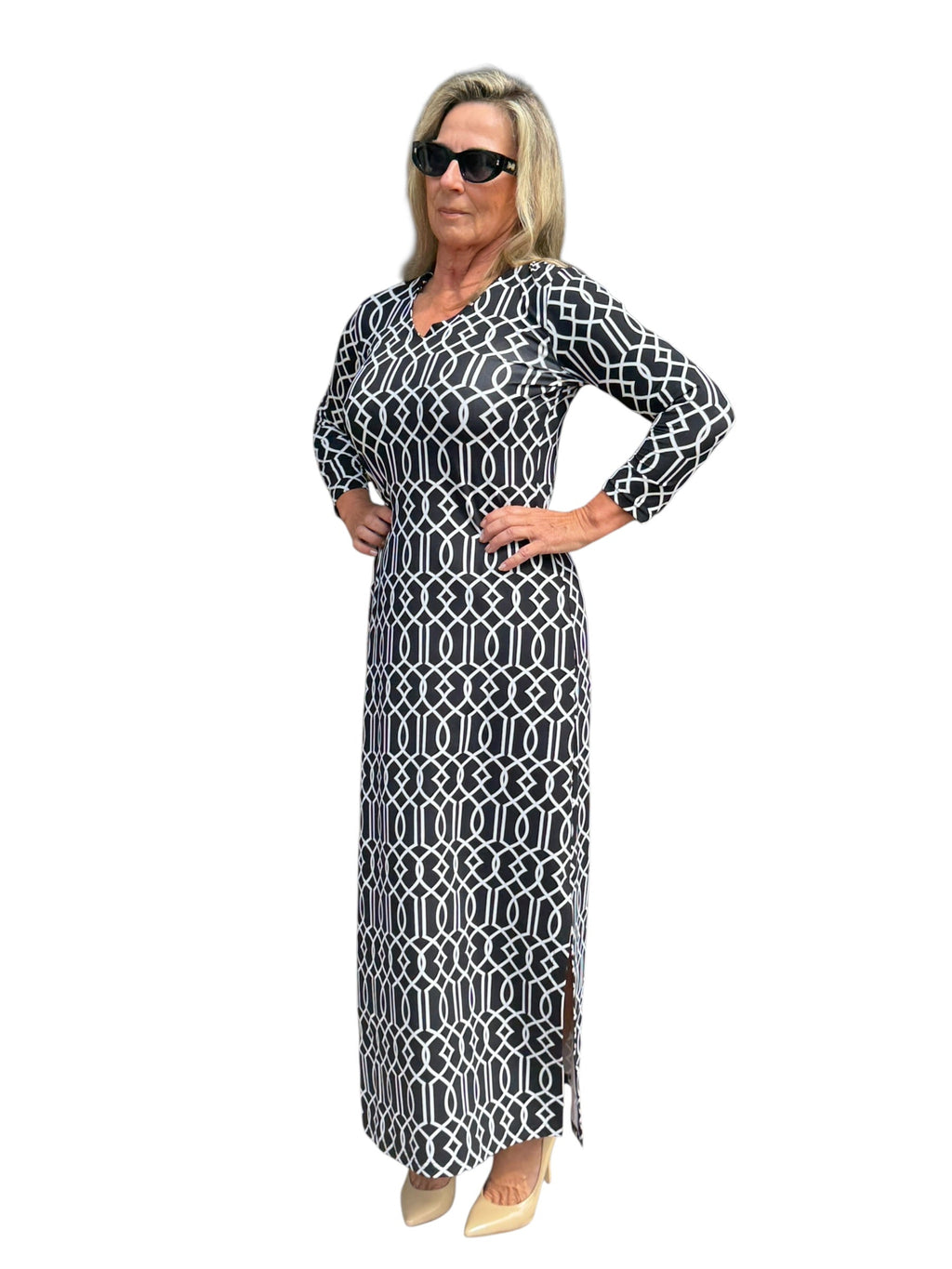 Maxi Elbow - Sleeve Dress with UPF50+ Geometric Lines Black - Back of the Bay Boutique