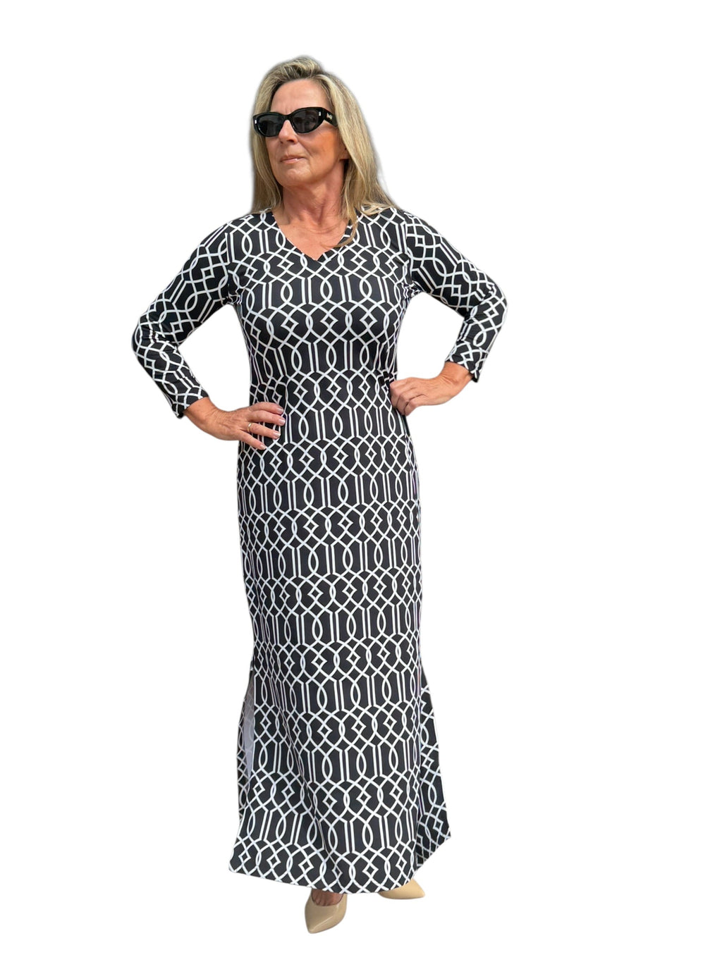 Maxi Elbow - Sleeve Dress with UPF50+ Geometric Lines Black - Back of the Bay Boutique