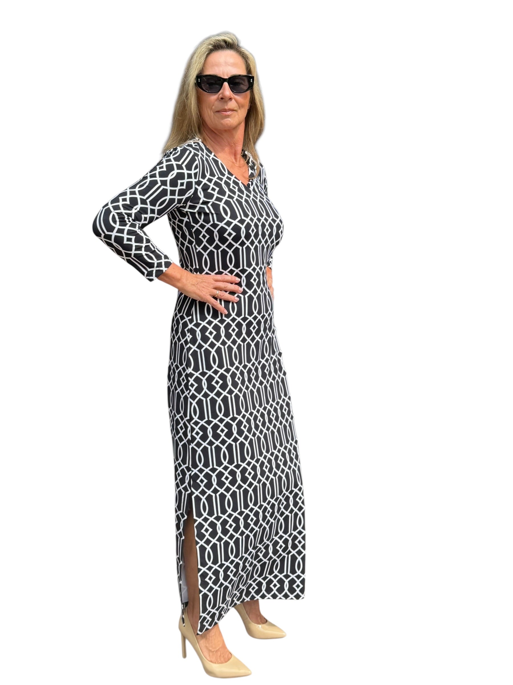 Maxi Elbow - Sleeve Dress with UPF50+ Geometric Lines Black - Back of the Bay Boutique