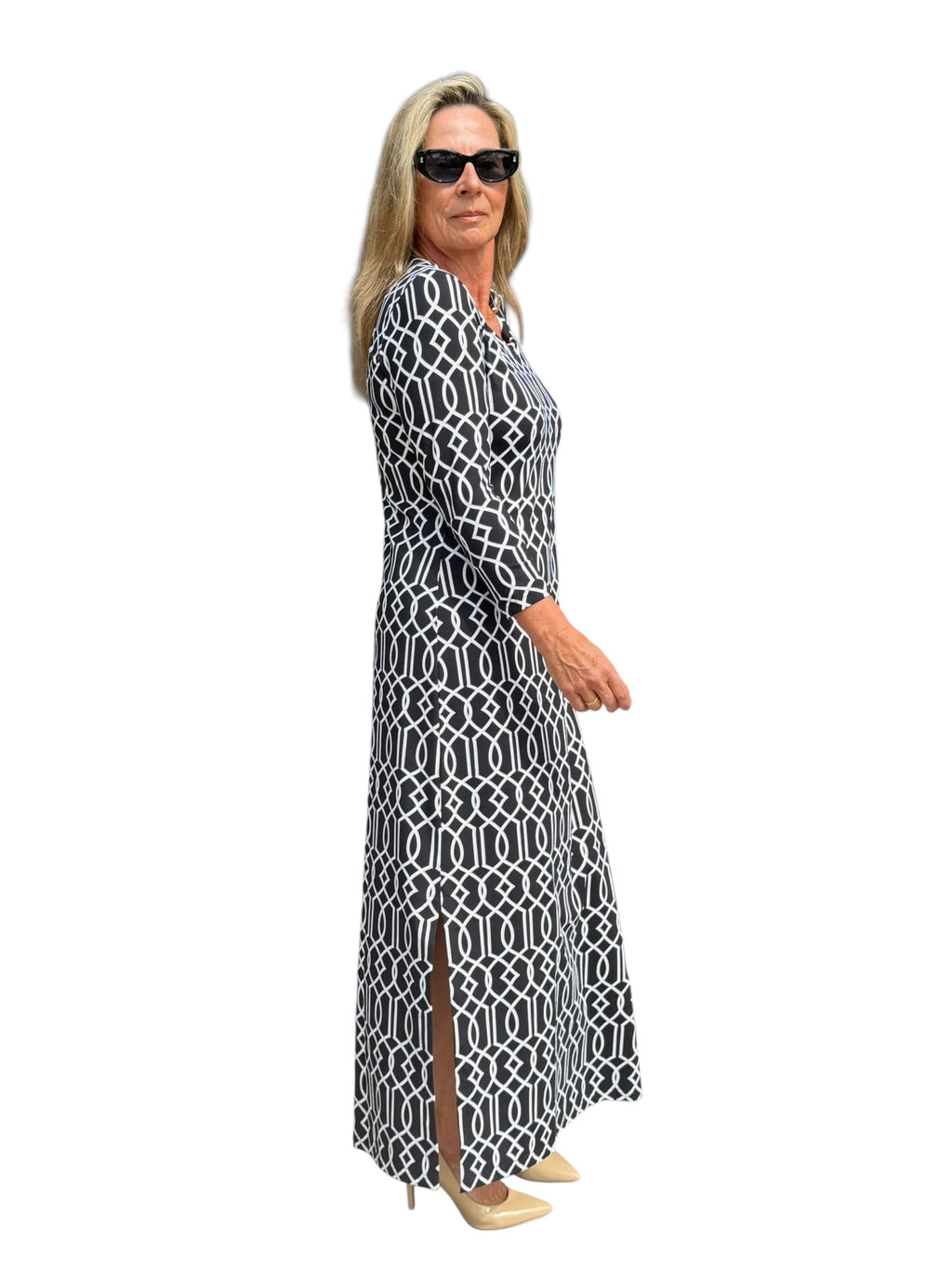 Maxi Elbow - Sleeve Dress with UPF50+ Geometric Lines Black - Back of the Bay Boutique