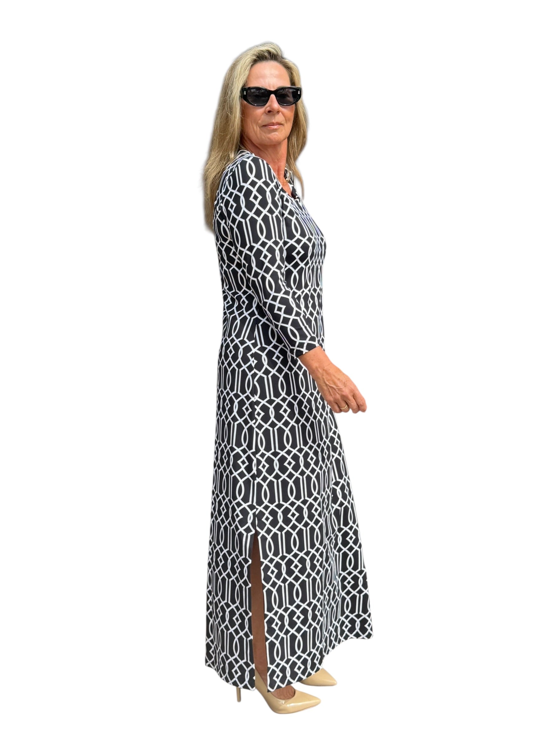 Maxi Elbow - Sleeve Dress with UPF50+ Geometric Lines Black - Back of the Bay Boutique