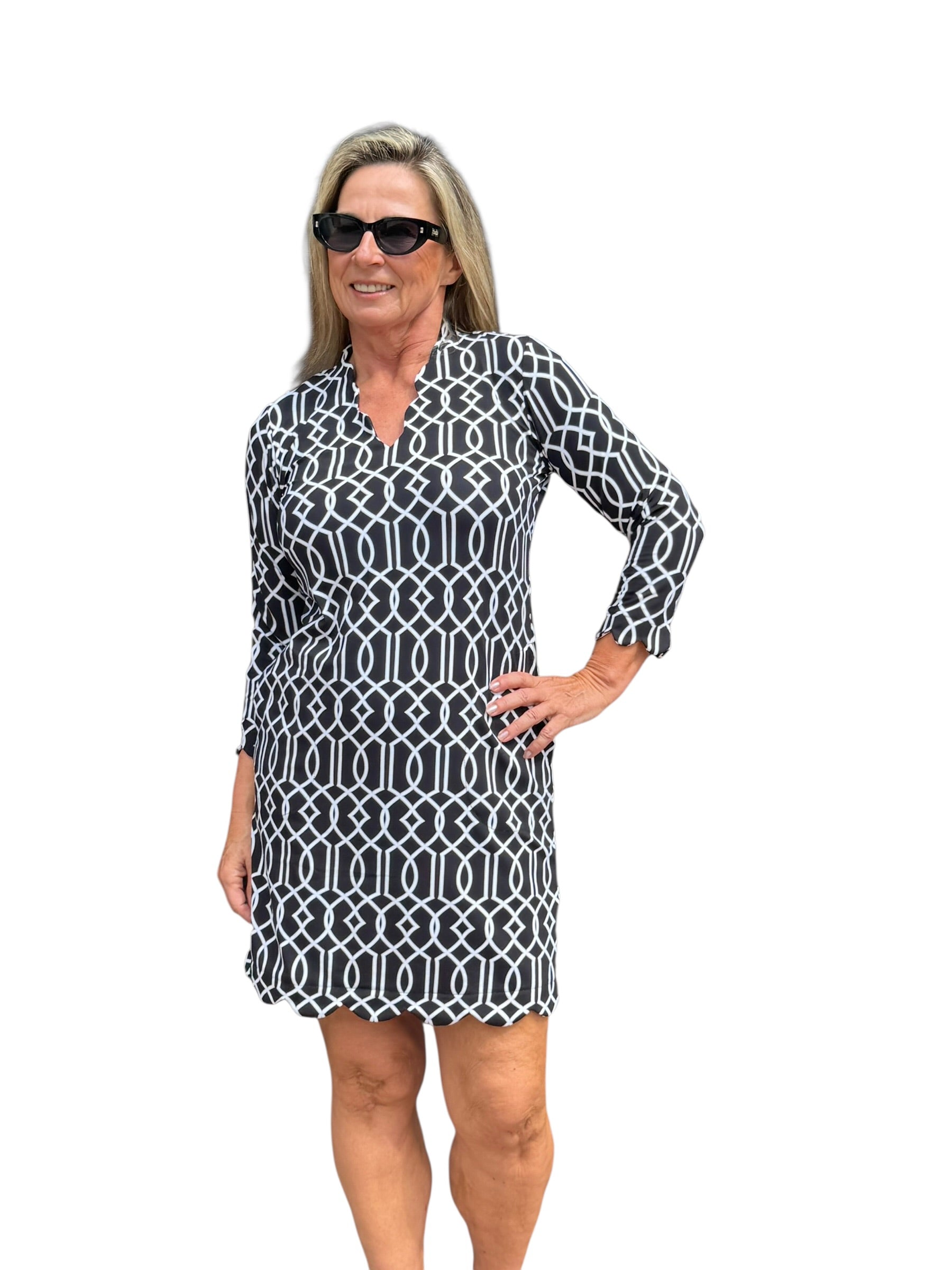 Scalloped 3/4 Sleeve Dress with UPF50+ Geometric Lines Black - Back of the Bay Boutique
