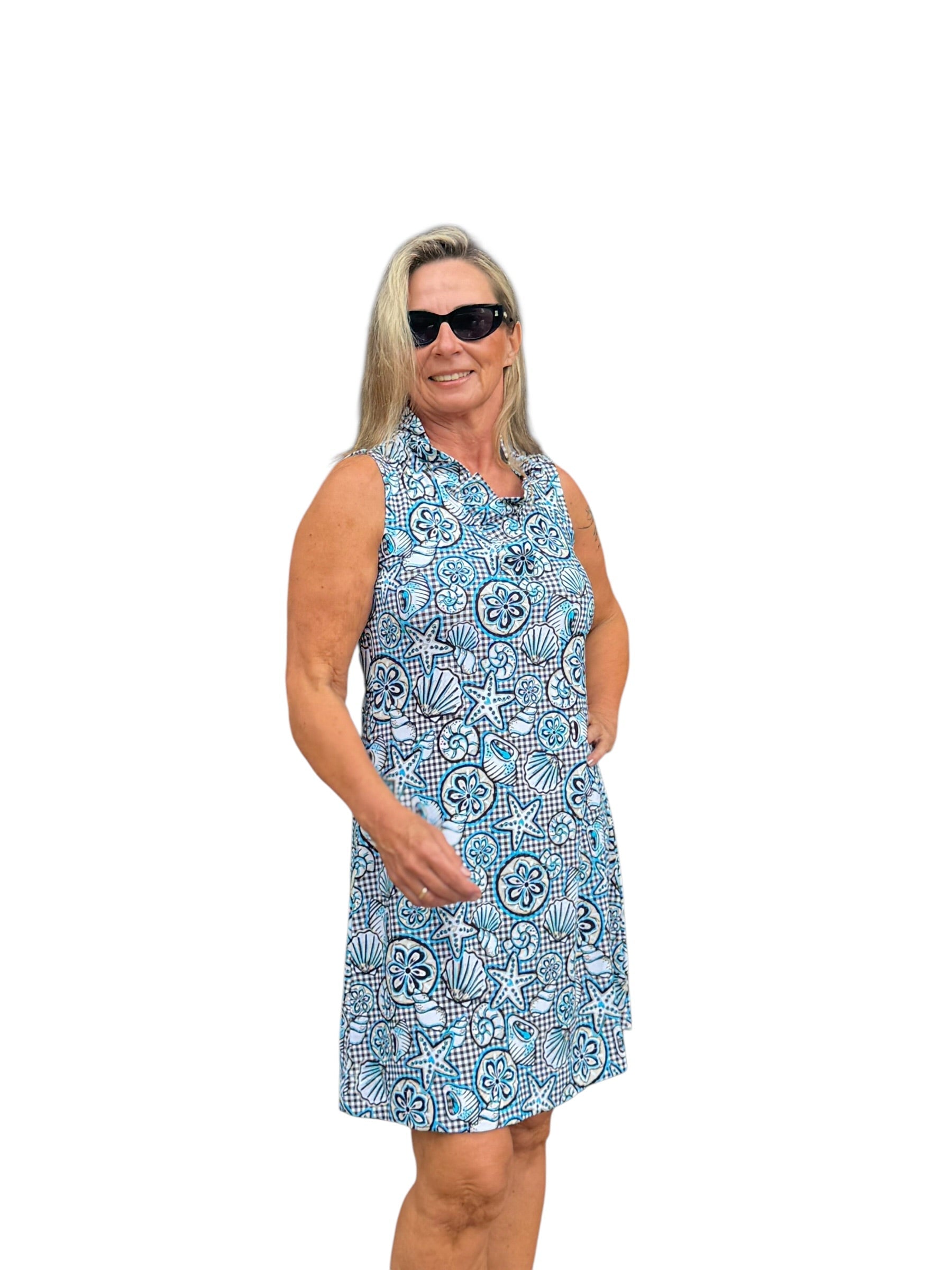 Ruffle - Neck Dress with UPF50+ Ocean Shells Black - Back of the Bay Boutique