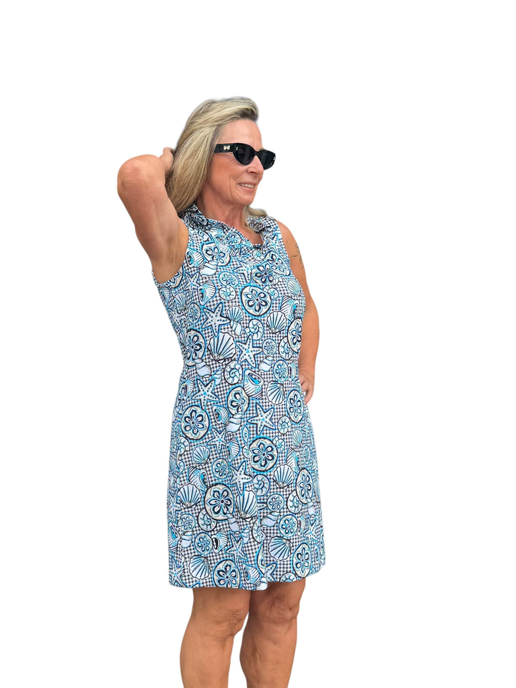 Ruffle - Neck Dress with UPF50+ Ocean Shells Black - Back of the Bay Boutique