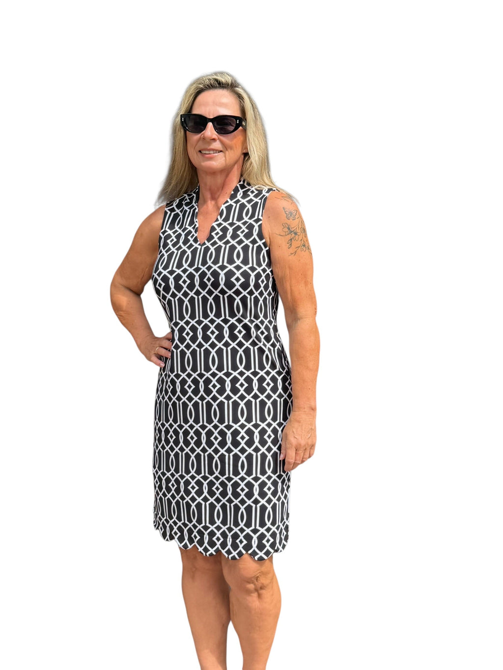 Scalloped - Neck and - Hem Sleeveless Dress with UPF50+ Geometric Lines Black - Back of the Bay Boutique