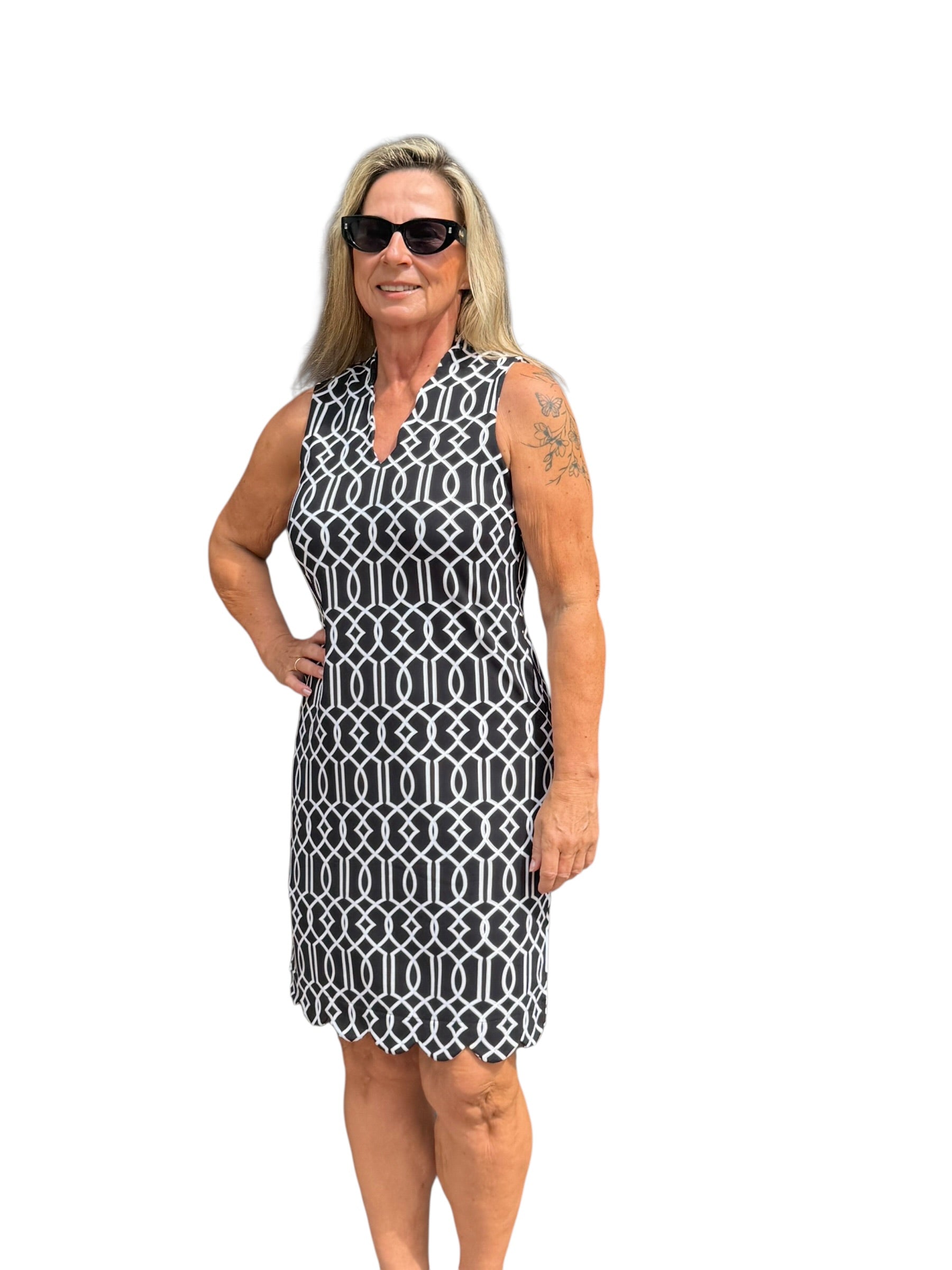 Scalloped - Neck and - Hem Sleeveless Dress with UPF50+ Geometric Lines Black - Back of the Bay Boutique
