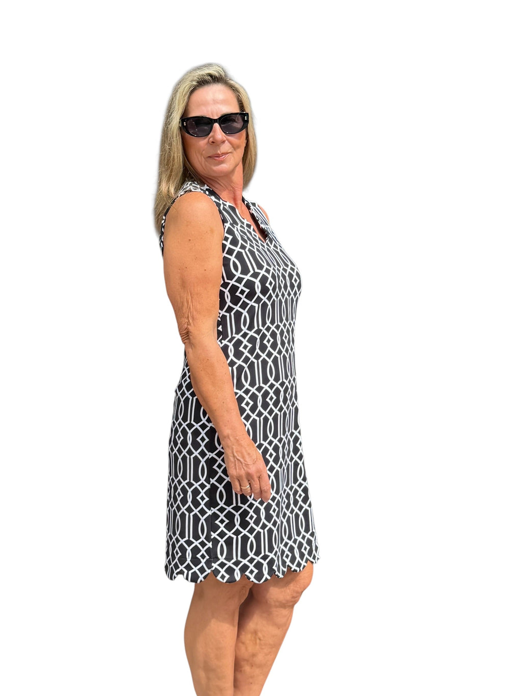 Scalloped - Neck and - Hem Sleeveless Dress with UPF50+ Geometric Lines Black - Back of the Bay Boutique