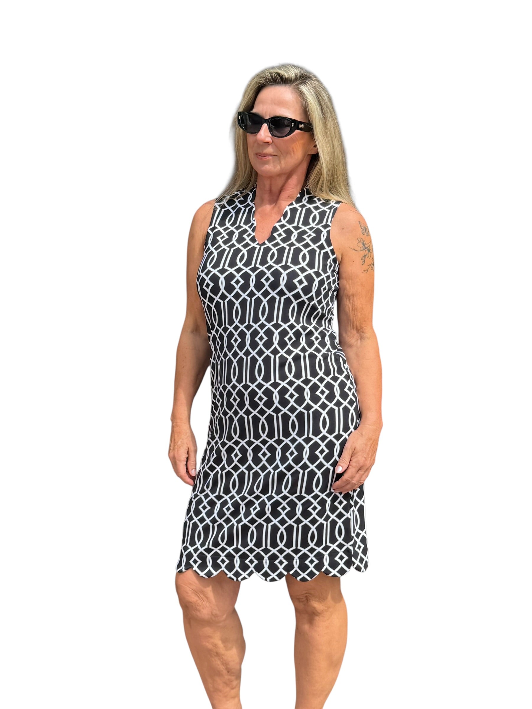 Scalloped - Neck and - Hem Sleeveless Dress with UPF50+ Geometric Lines Black - Back of the Bay Boutique