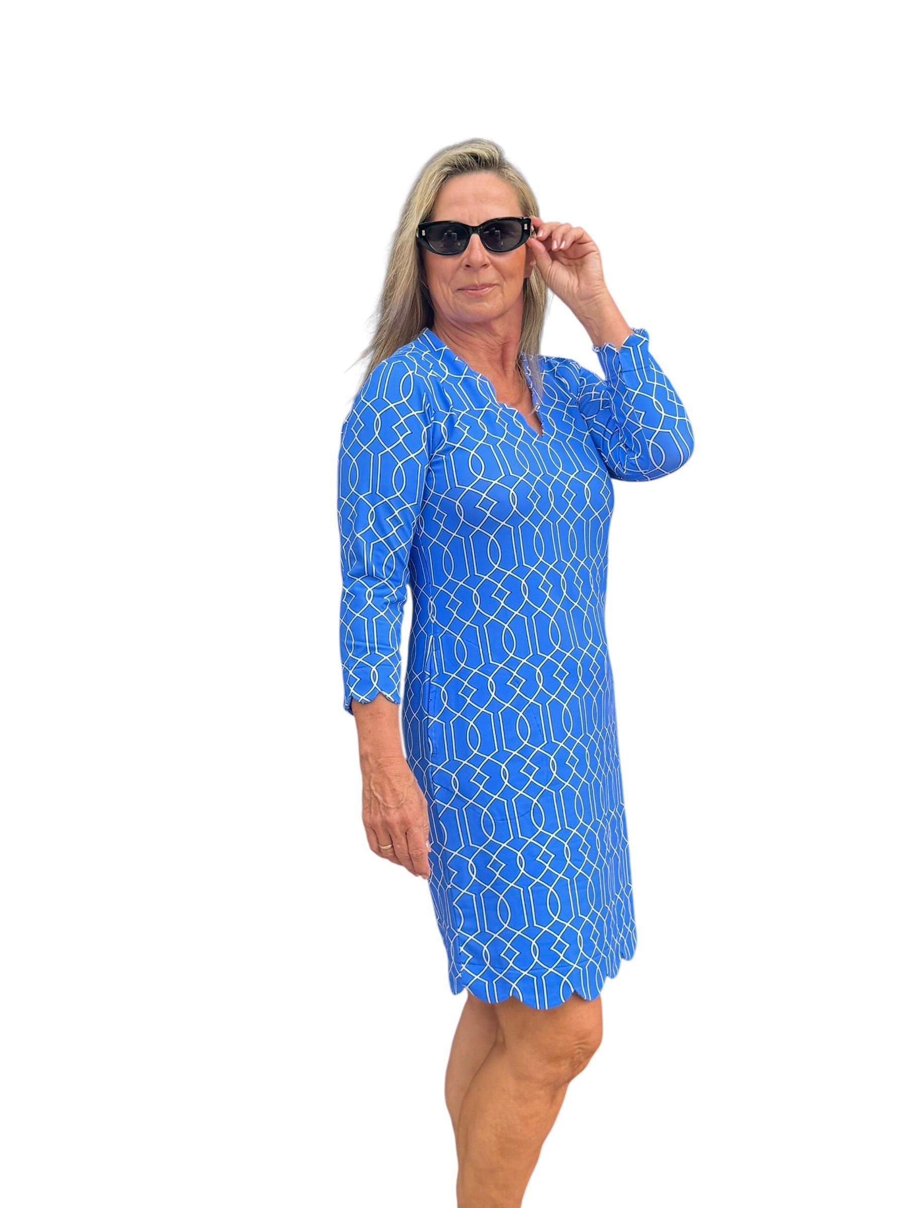 Scalloped 3/4 Sleeve Dress with UPF50+ Geometric Lines Peri - Back of the Bay Boutique
