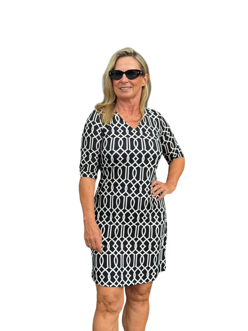 Elbow - Sleeve Travel Dress with UPF50+ Geometric Lines Black - Back of the Bay Boutique