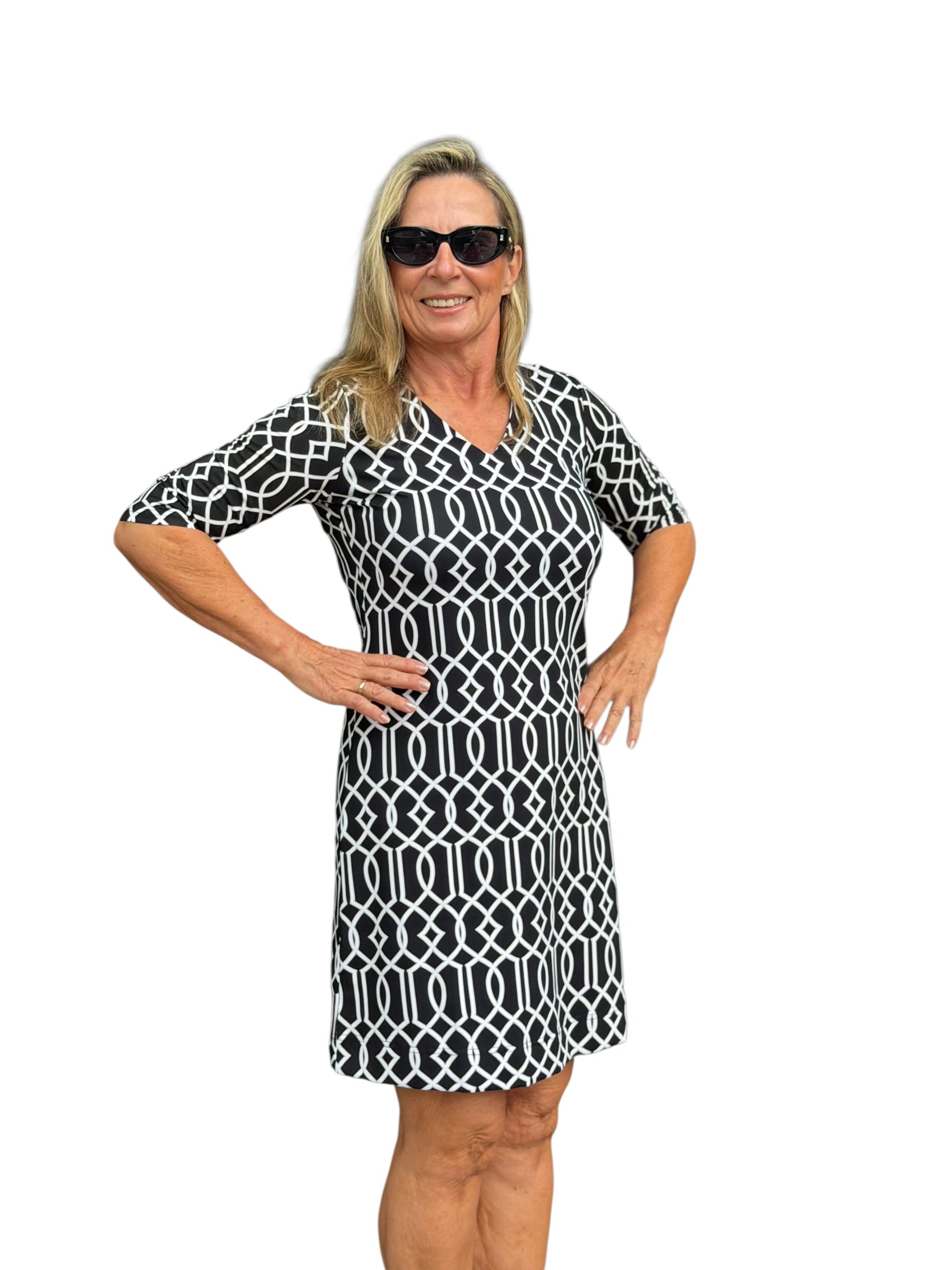Elbow - Sleeve Travel Dress with UPF50+ Geometric Lines Black - Back of the Bay Boutique