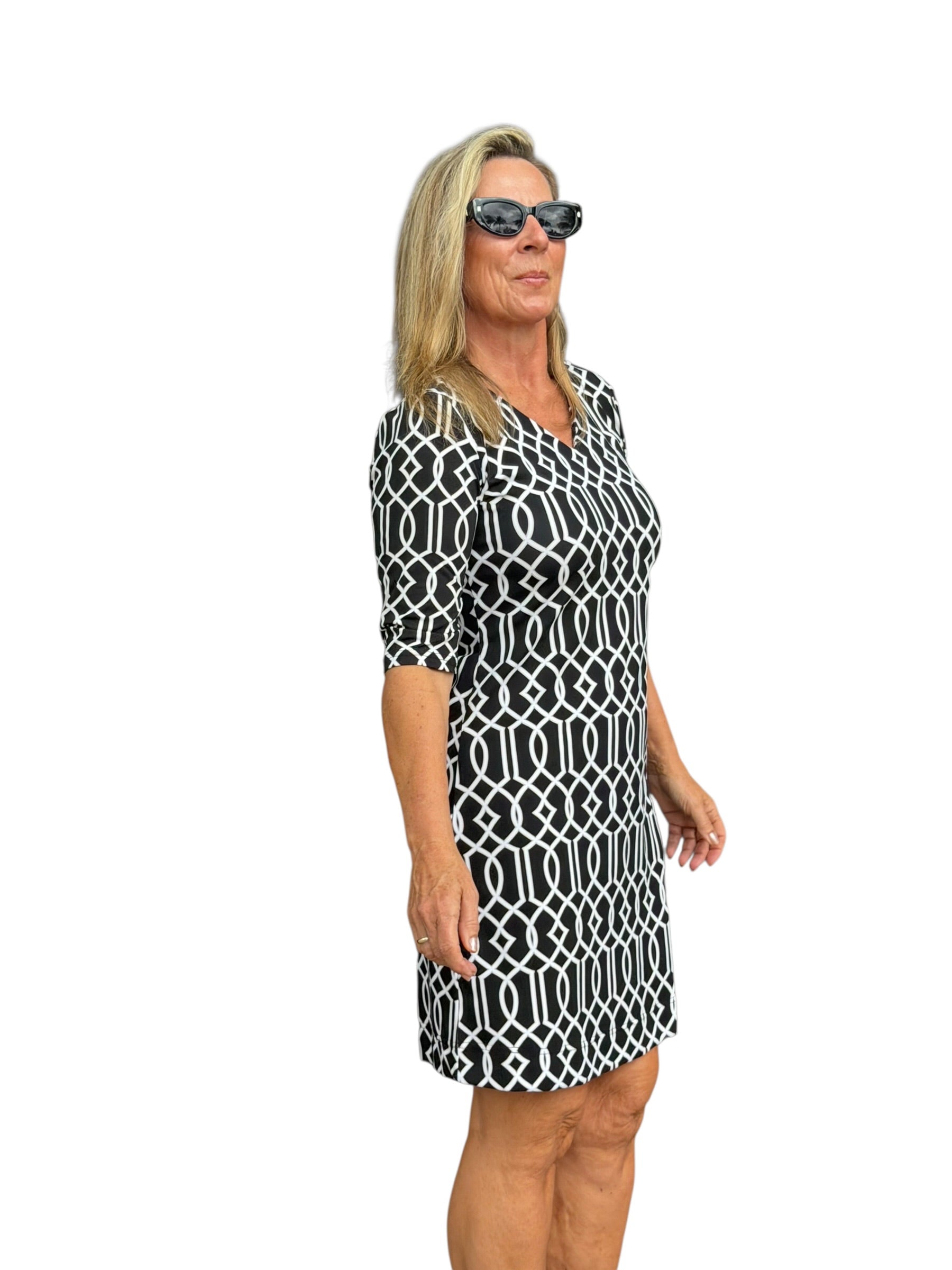 Elbow - Sleeve Travel Dress with UPF50+ Geometric Lines Black - Back of the Bay Boutique