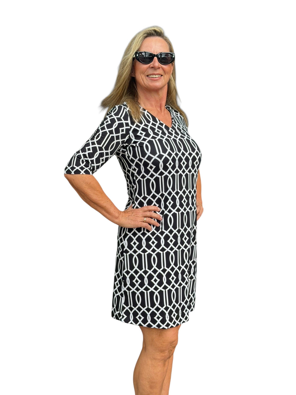 Elbow - Sleeve Travel Dress with UPF50+ Geometric Lines Black - Back of the Bay Boutique
