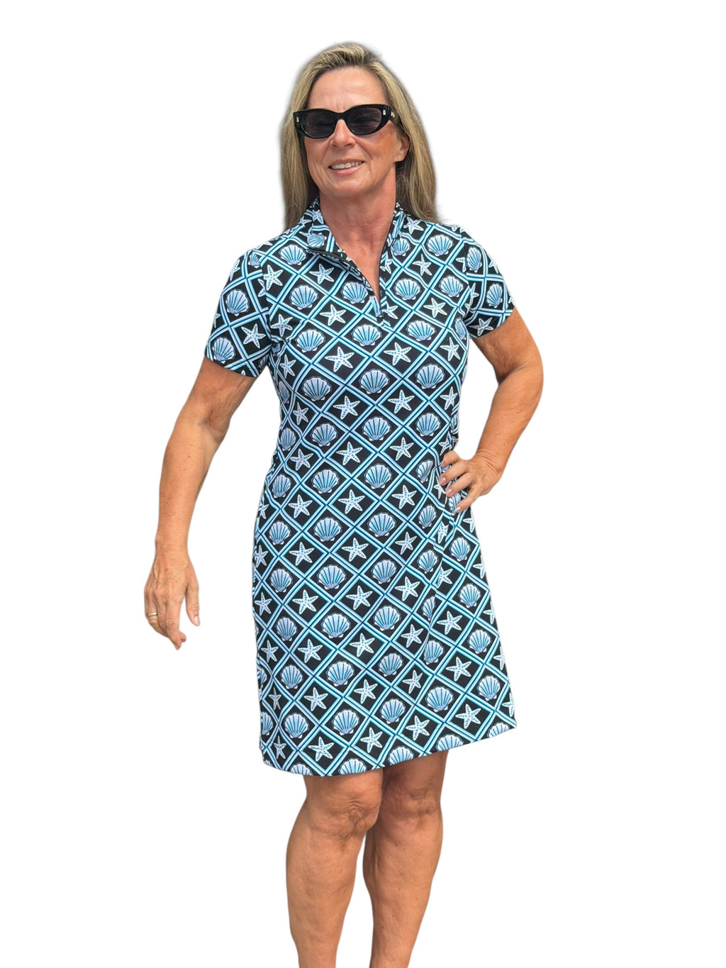 Polo - Collar Quarterzip Short - Sleeve Dress Black Seashells - Back of the Bay Boutique