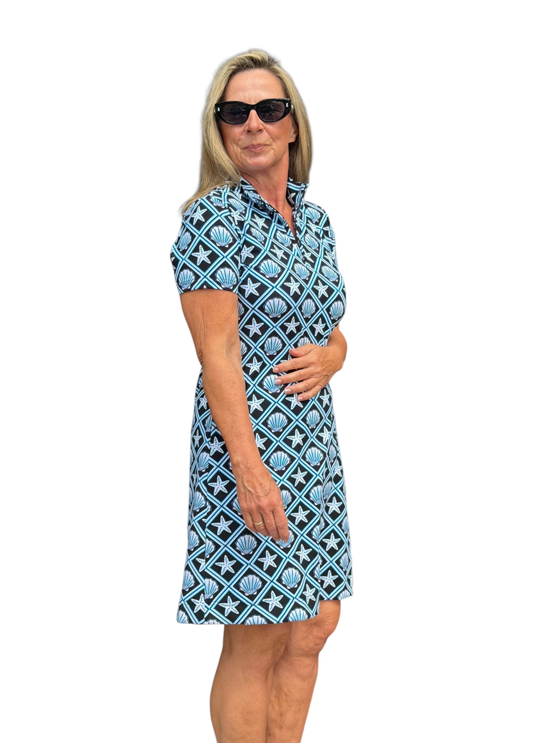 Polo - Collar Quarterzip Short - Sleeve Dress Black Seashells - Back of the Bay Boutique