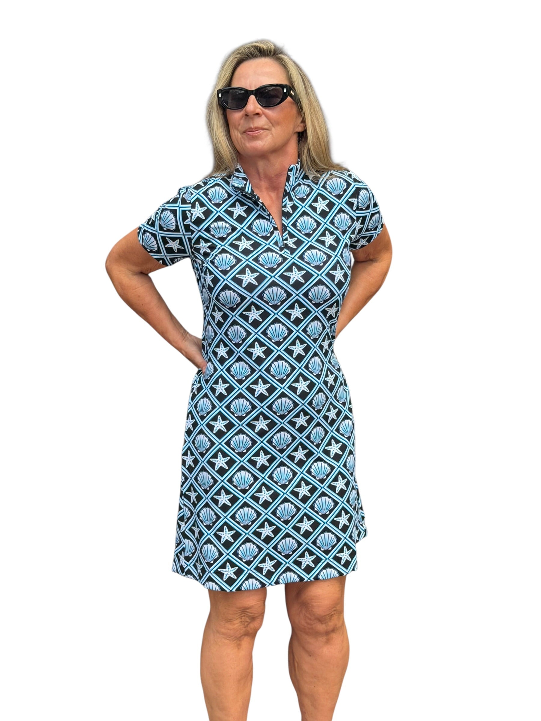 Polo - Collar Quarterzip Short - Sleeve Dress Black Seashells - Back of the Bay Boutique