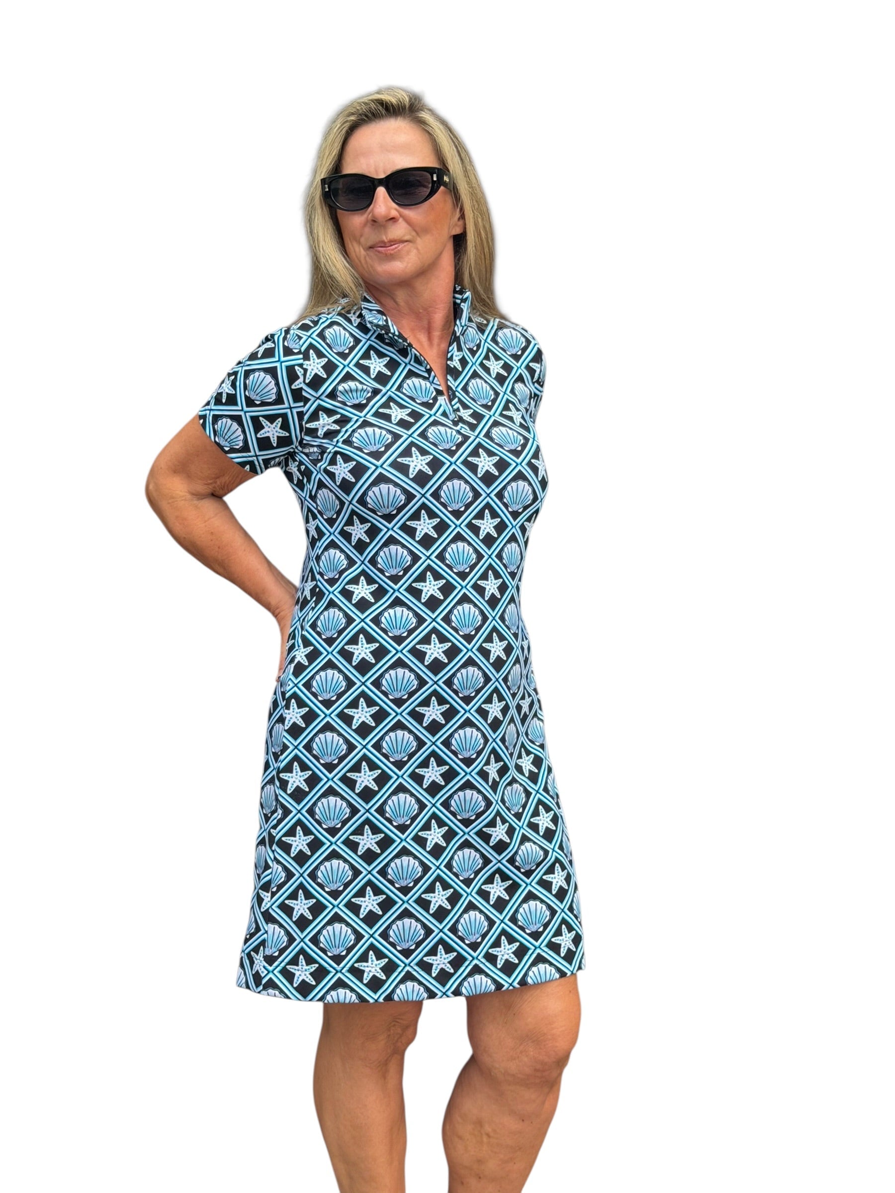Polo - Collar Quarterzip Short - Sleeve Dress Black Seashells - Back of the Bay Boutique