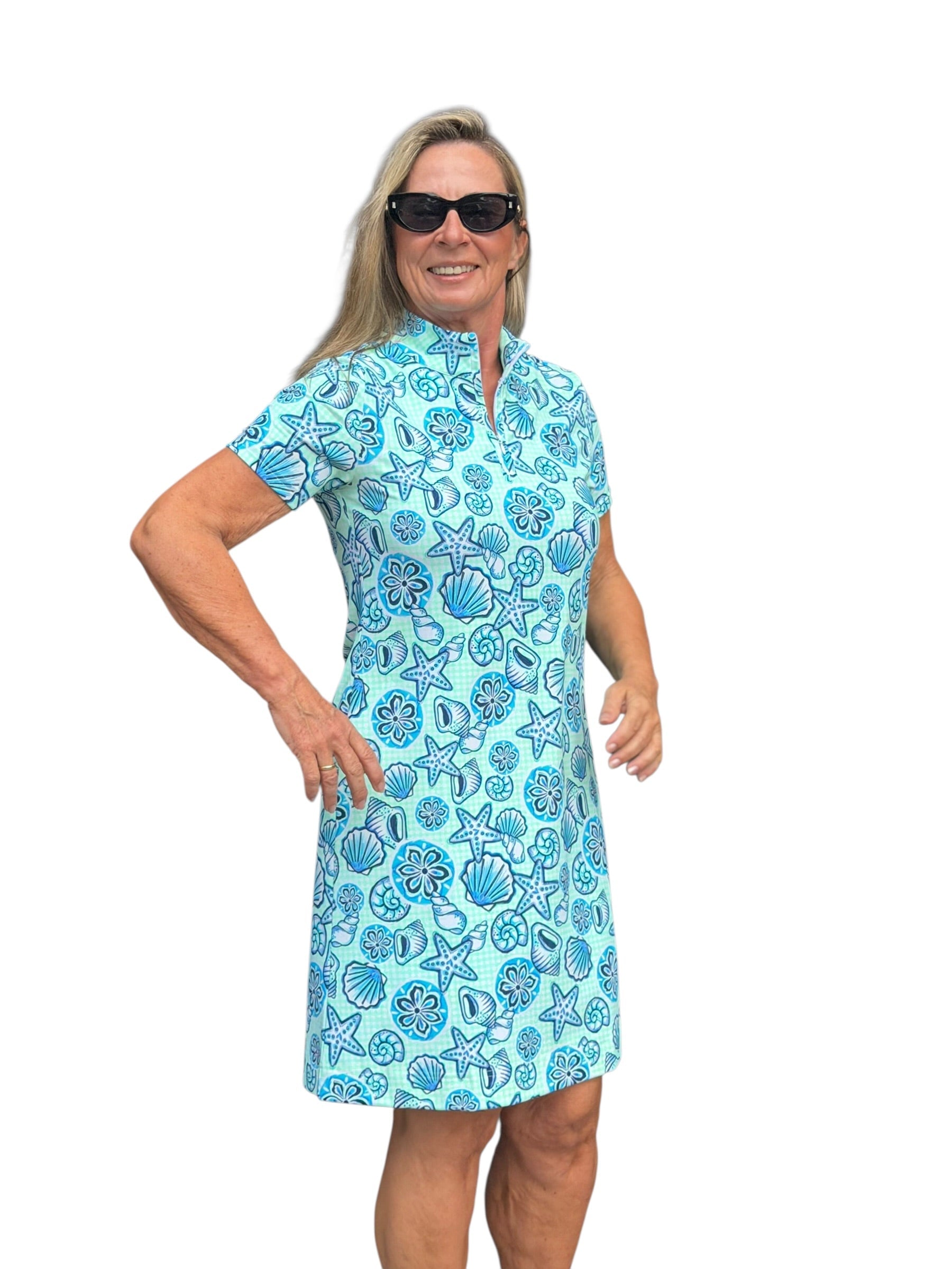Polo - Collar Quarterzip Short - Sleeve Dress Ocean Shells Blue - Back of the Bay Boutique