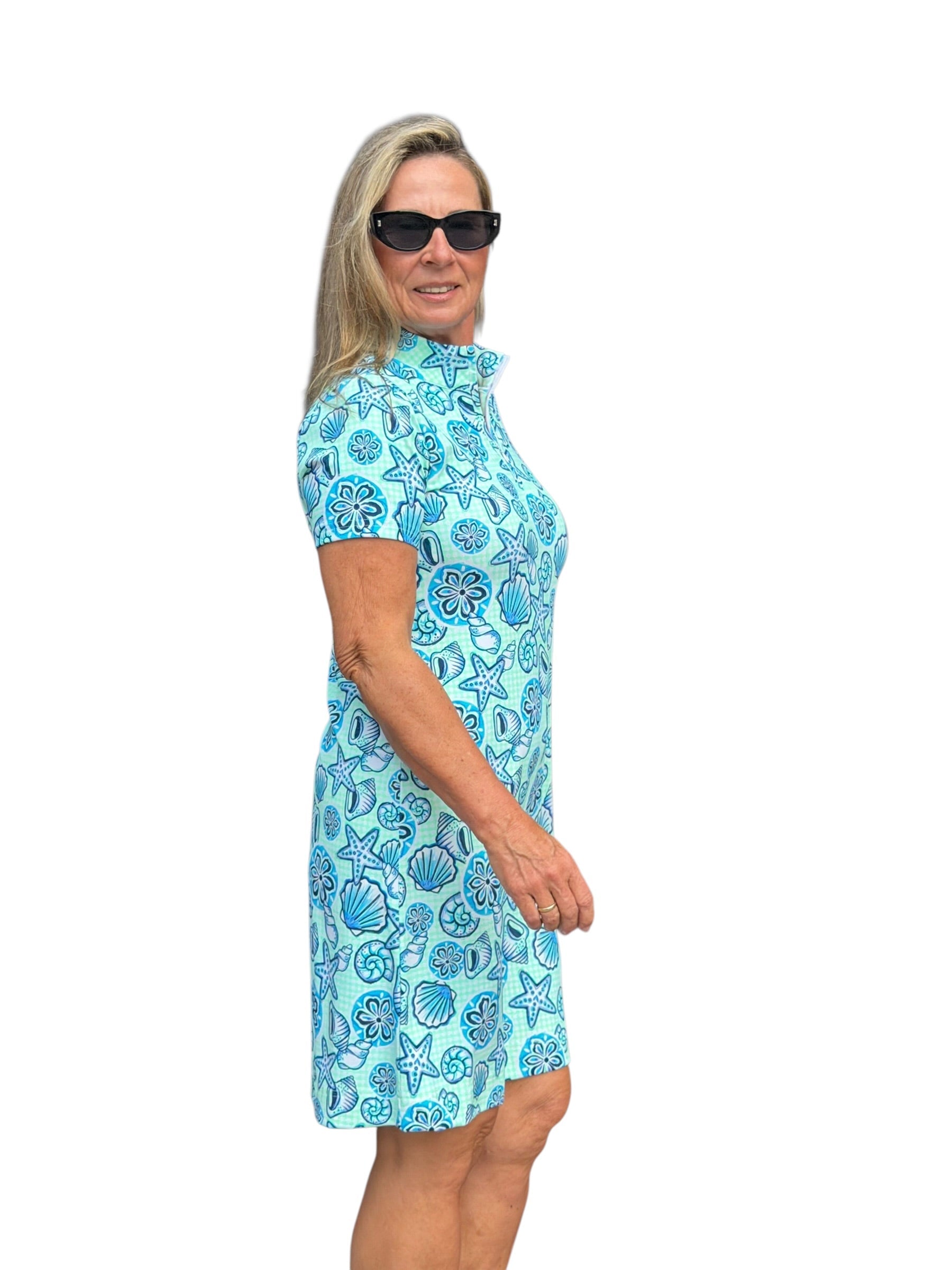 Polo - Collar Quarterzip Short - Sleeve Dress Ocean Shells Blue - Back of the Bay Boutique