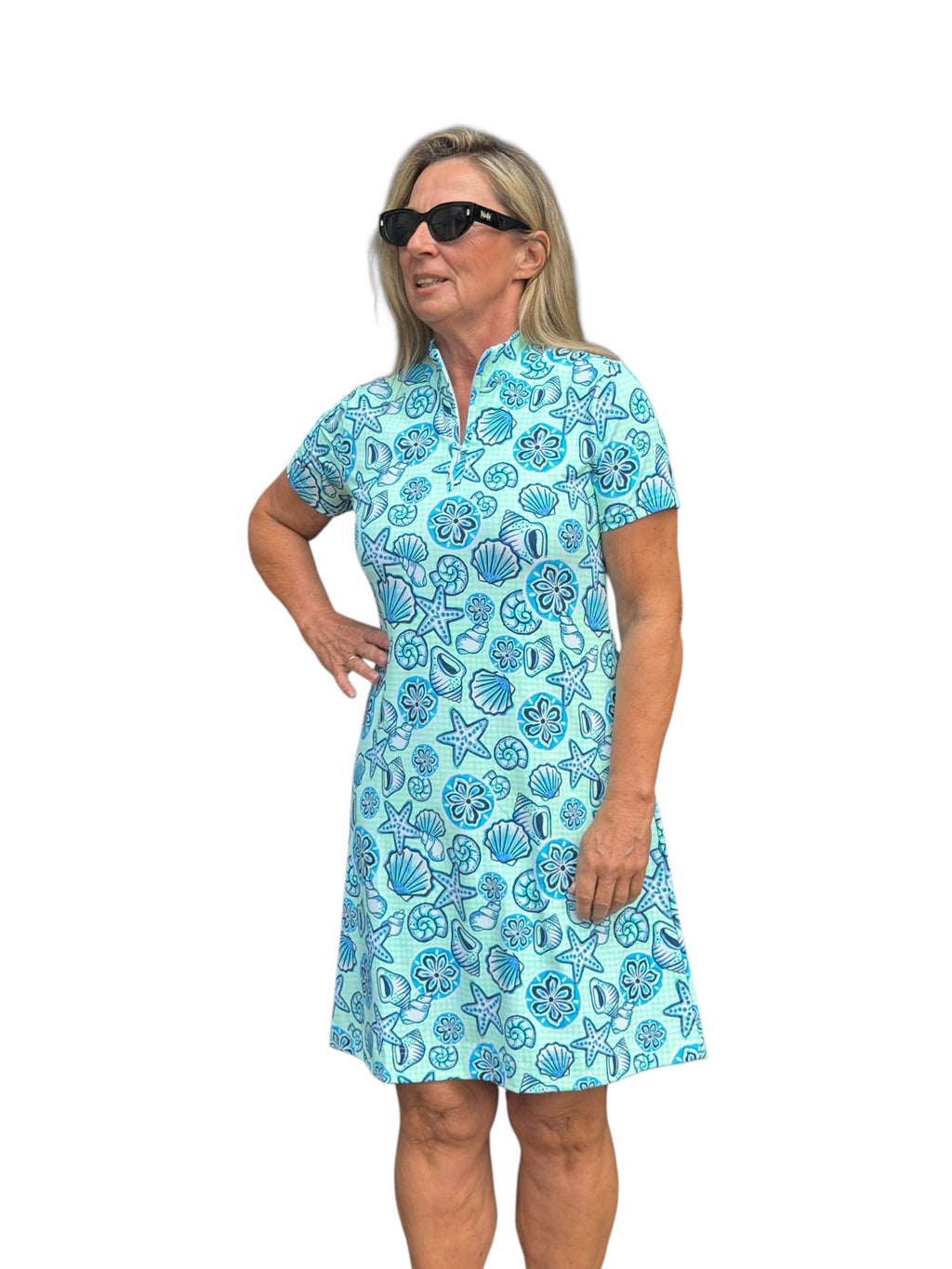 Polo - Collar Quarterzip Short - Sleeve Dress Ocean Shells Blue - Back of the Bay Boutique