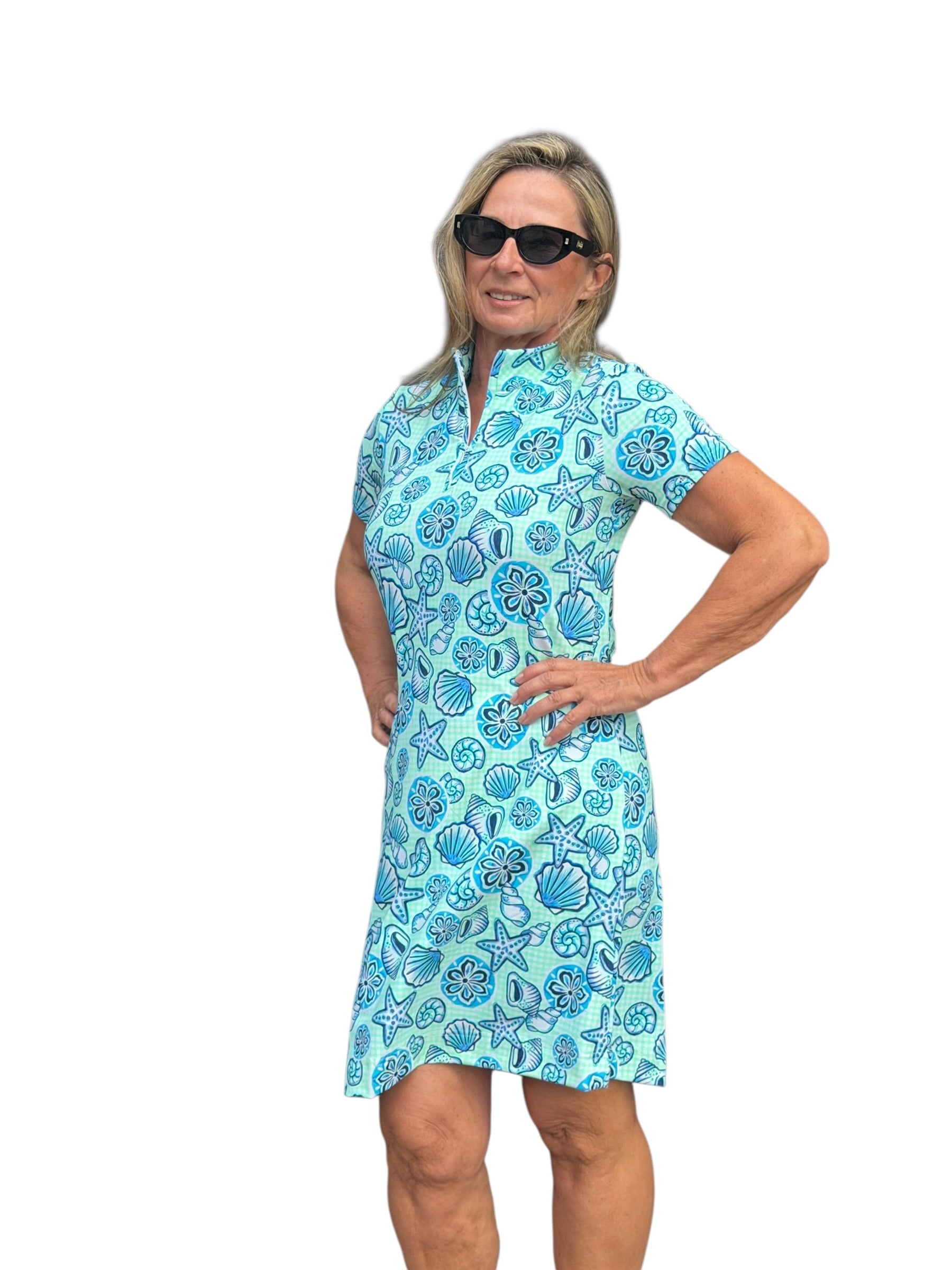 Polo - Collar Quarterzip Short - Sleeve Dress Ocean Shells Blue - Back of the Bay Boutique