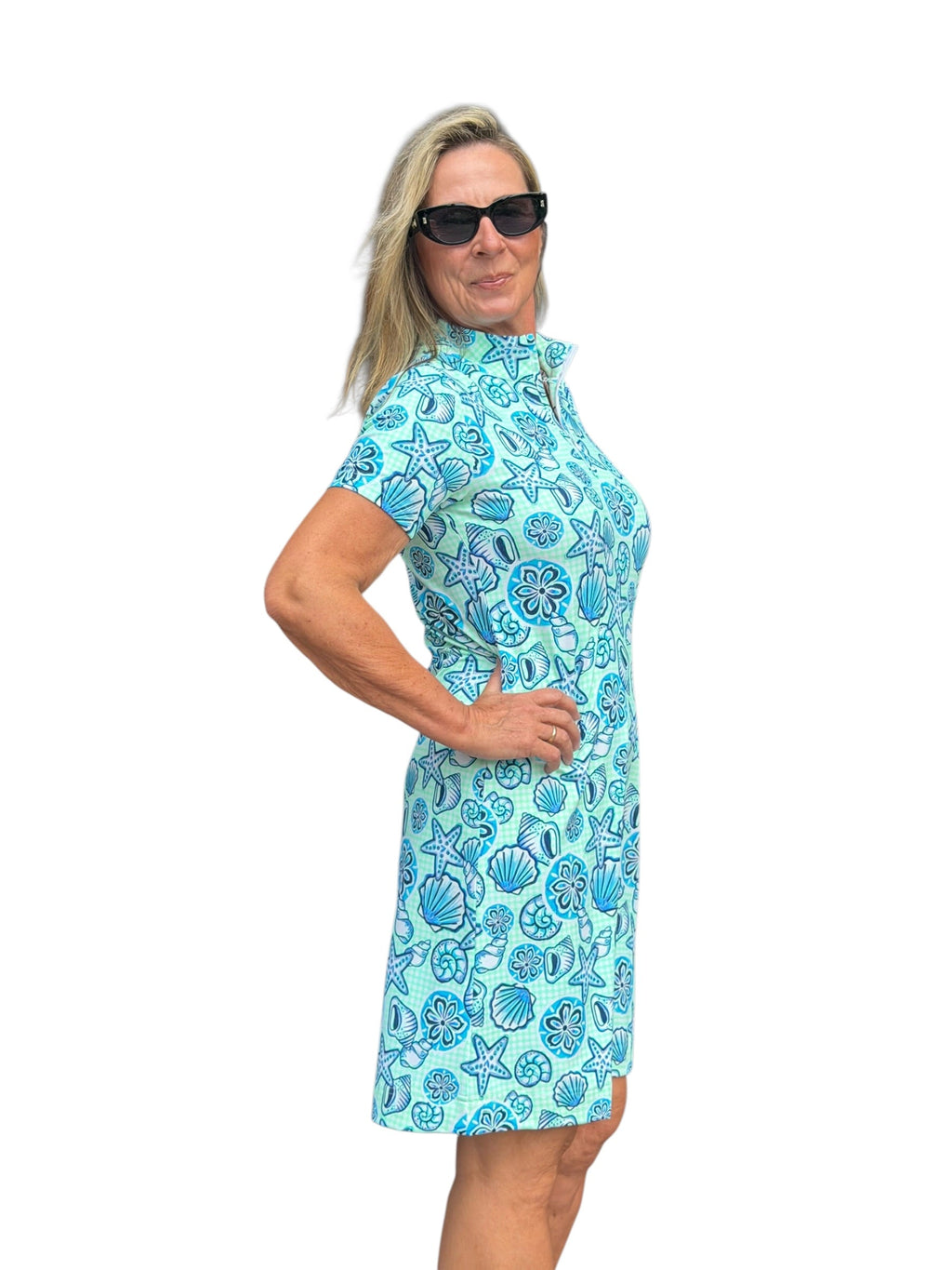 Polo - Collar Quarterzip Short - Sleeve Dress Ocean Shells Blue - Back of the Bay Boutique