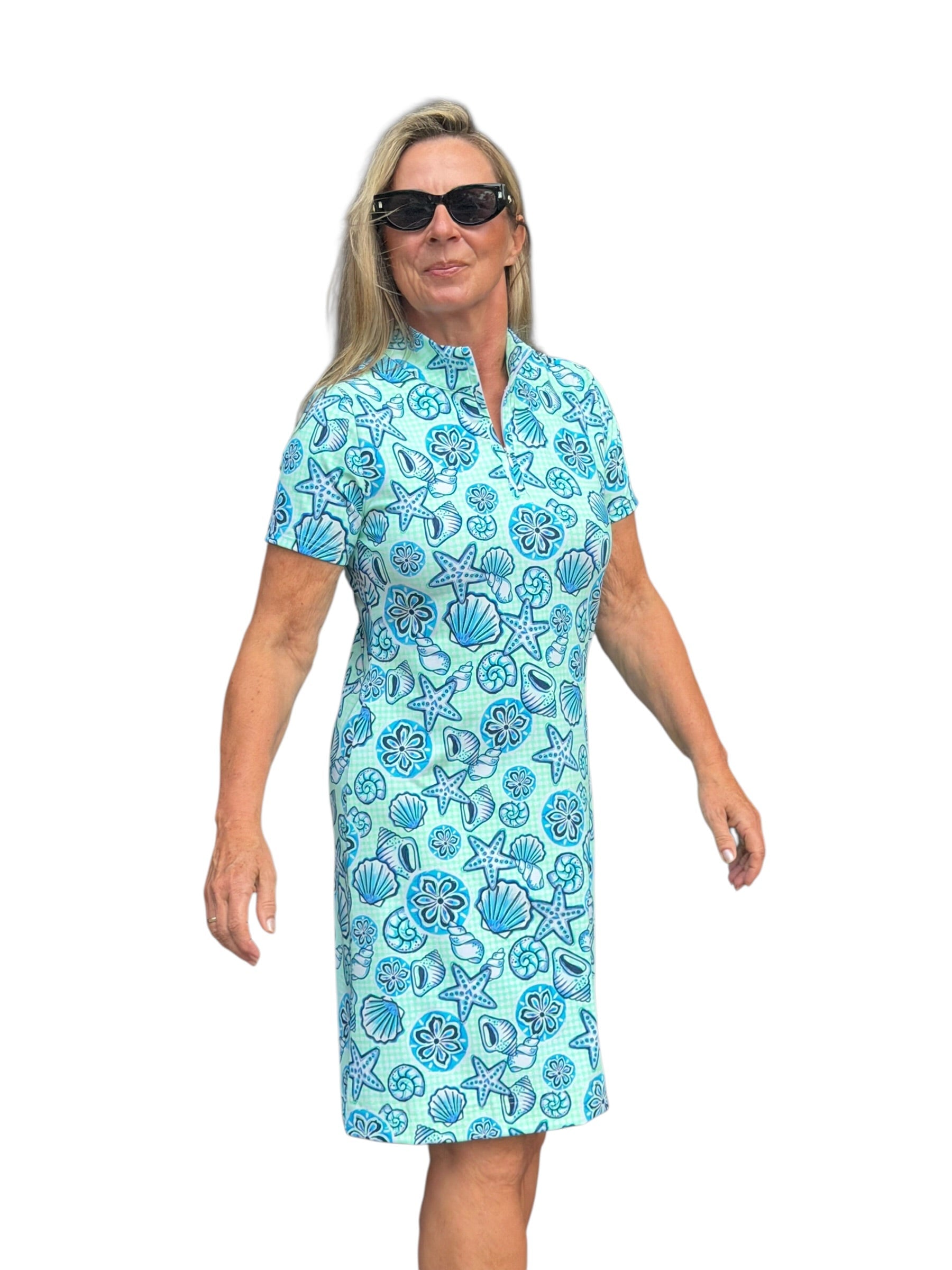 Polo - Collar Quarterzip Short - Sleeve Dress Ocean Shells Blue - Back of the Bay Boutique