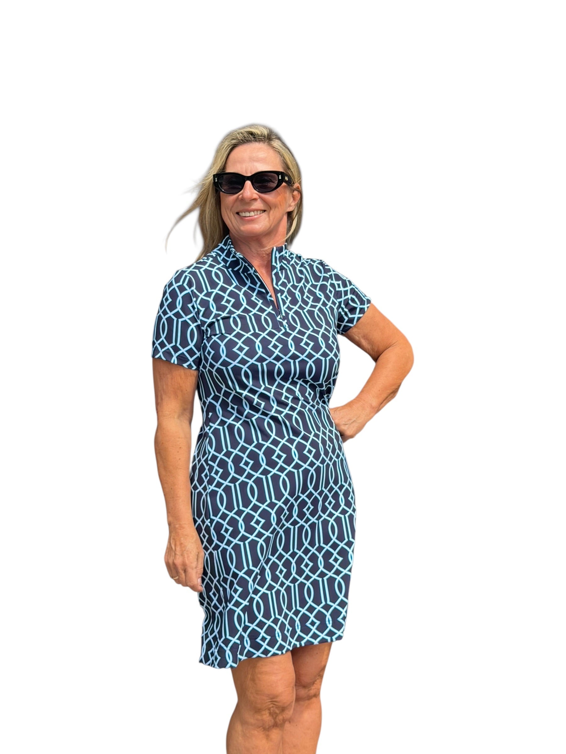 Polo - Collar Quarterzip Short - Sleeve Dress Geometric Lines Navy - Back of the Bay Boutique