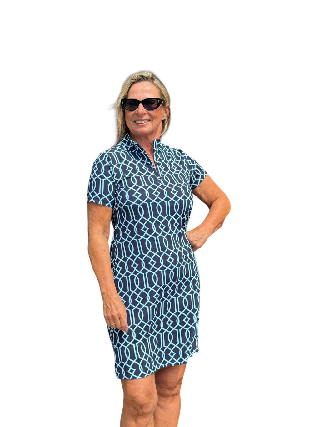 Polo - Collar Quarterzip Short - Sleeve Dress Geometric Lines Navy - Back of the Bay Boutique