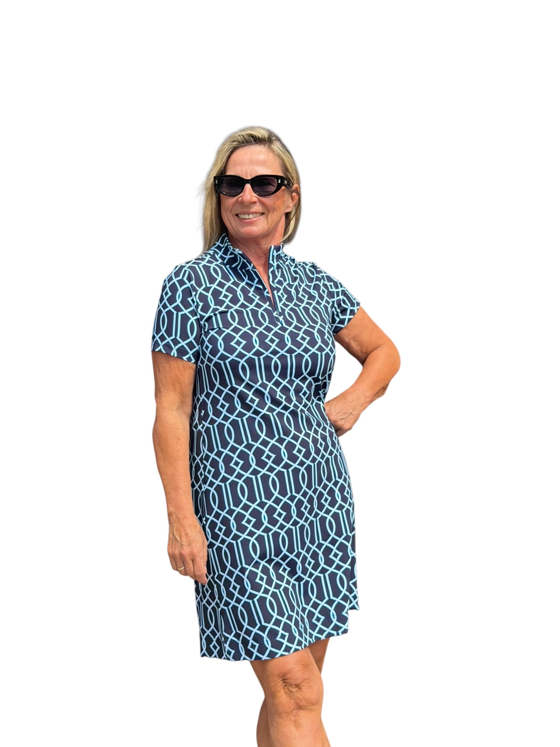 Polo - Collar Quarterzip Short - Sleeve Dress Geometric Lines Navy - Back of the Bay Boutique