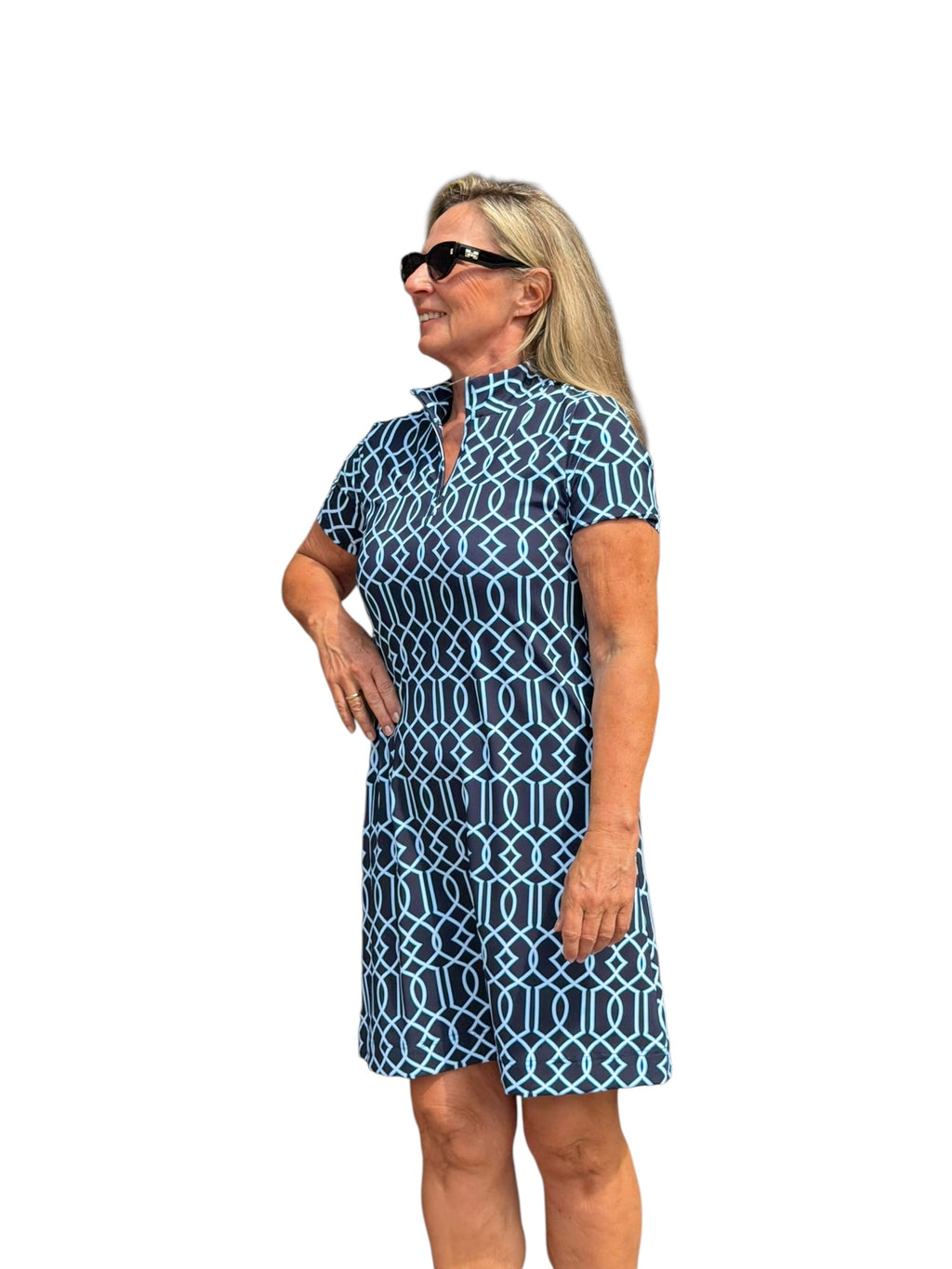 Polo - Collar Quarterzip Short - Sleeve Dress Geometric Lines Navy - Back of the Bay Boutique