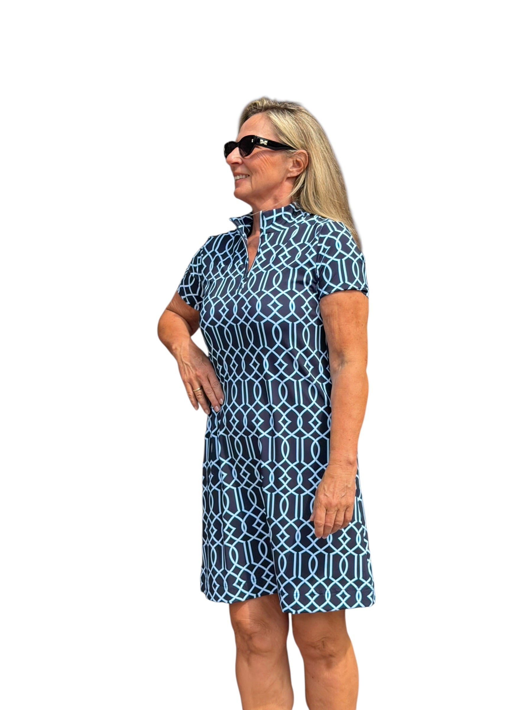 Polo - Collar Quarterzip Short - Sleeve Dress Geometric Lines Navy - Back of the Bay Boutique