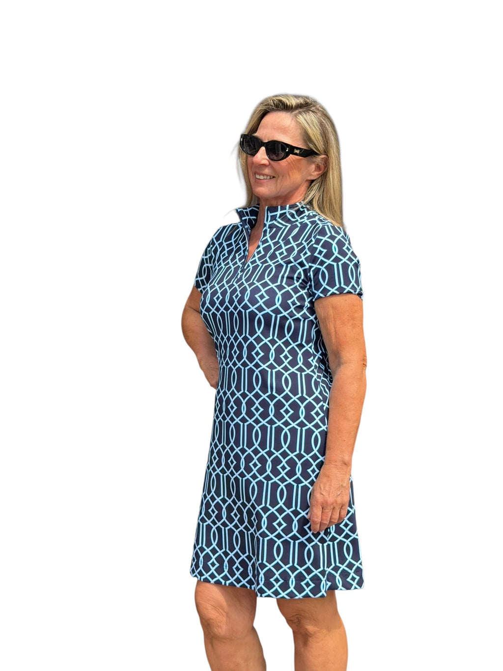 Polo - Collar Quarterzip Short - Sleeve Dress Geometric Lines Navy - Back of the Bay Boutique