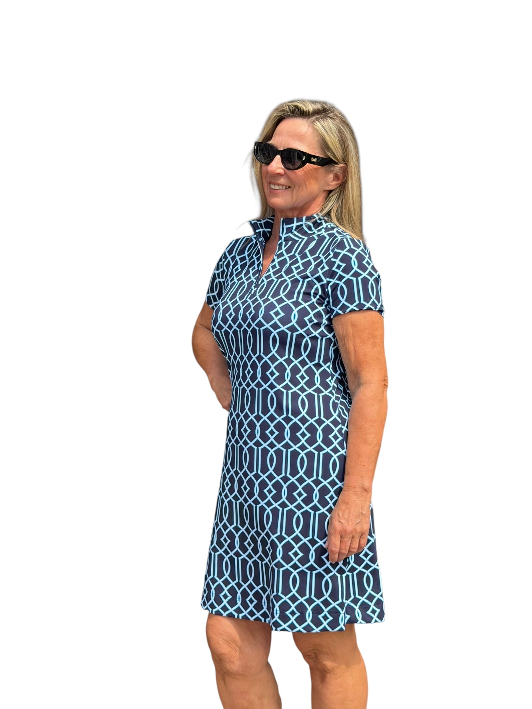 Polo - Collar Quarterzip Short - Sleeve Dress Geometric Lines Navy - Back of the Bay Boutique
