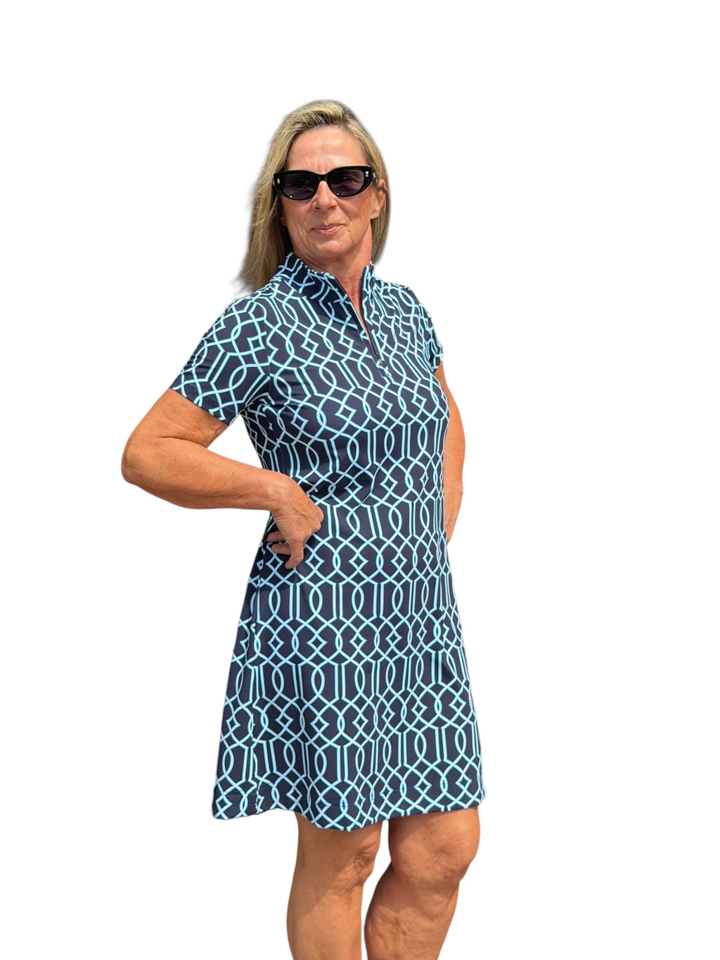 Polo - Collar Quarterzip Short - Sleeve Dress Geometric Lines Navy - Back of the Bay Boutique