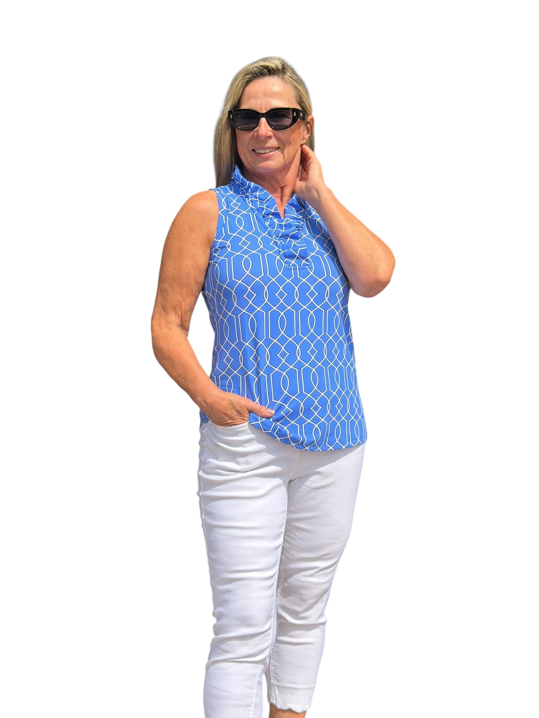 Ruffle - Neck Top with UPF50+ Geometric Lines Peri - Back of the Bay Boutique