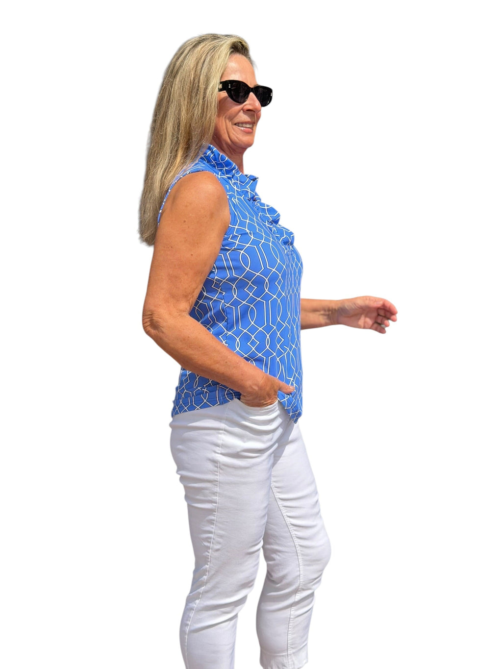 Ruffle - Neck Top with UPF50+ Geometric Lines Peri - Back of the Bay Boutique
