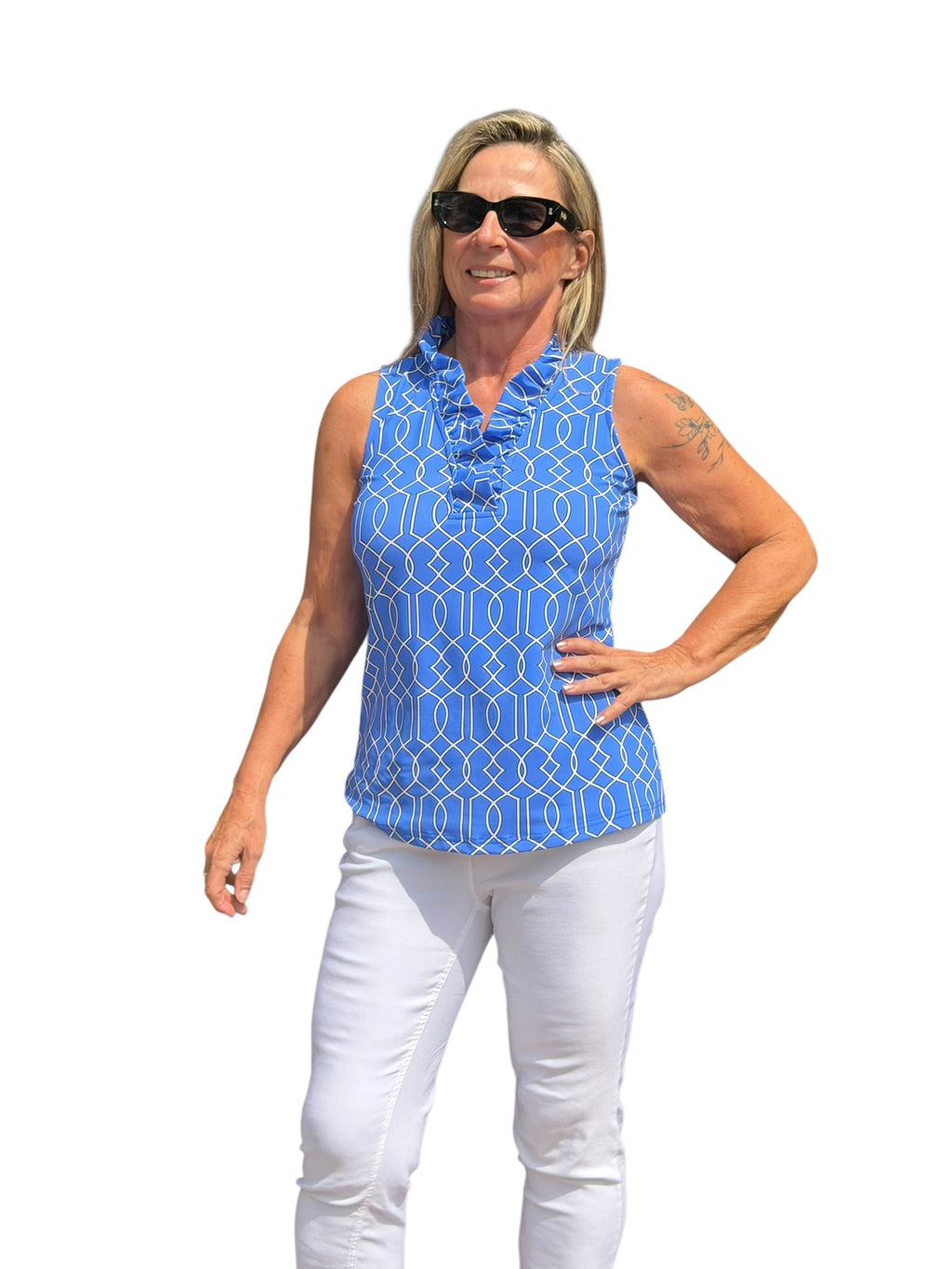 Ruffle - Neck Top with UPF50+ Geometric Lines Peri - Back of the Bay Boutique