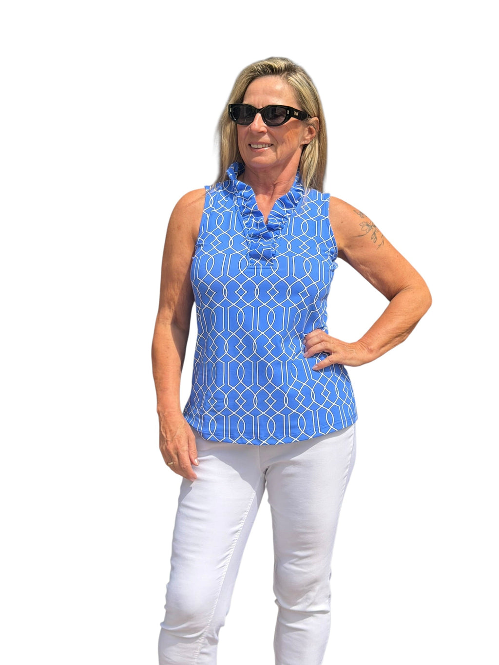 Ruffle - Neck Top with UPF50+ Geometric Lines Peri - Back of the Bay Boutique