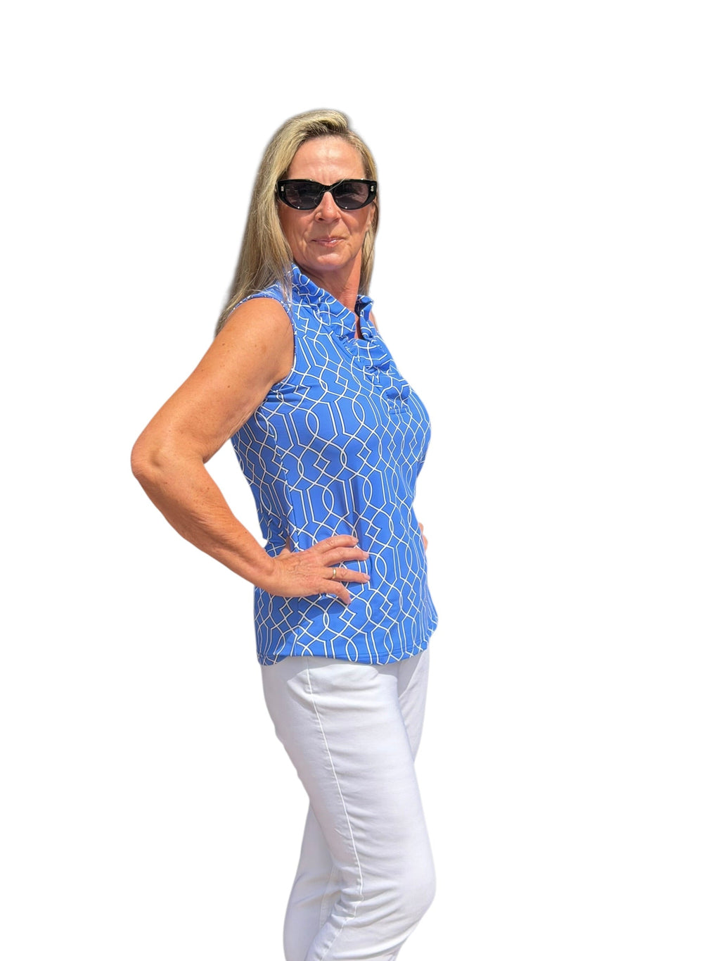 Ruffle - Neck Top with UPF50+ Geometric Lines Peri - Back of the Bay Boutique