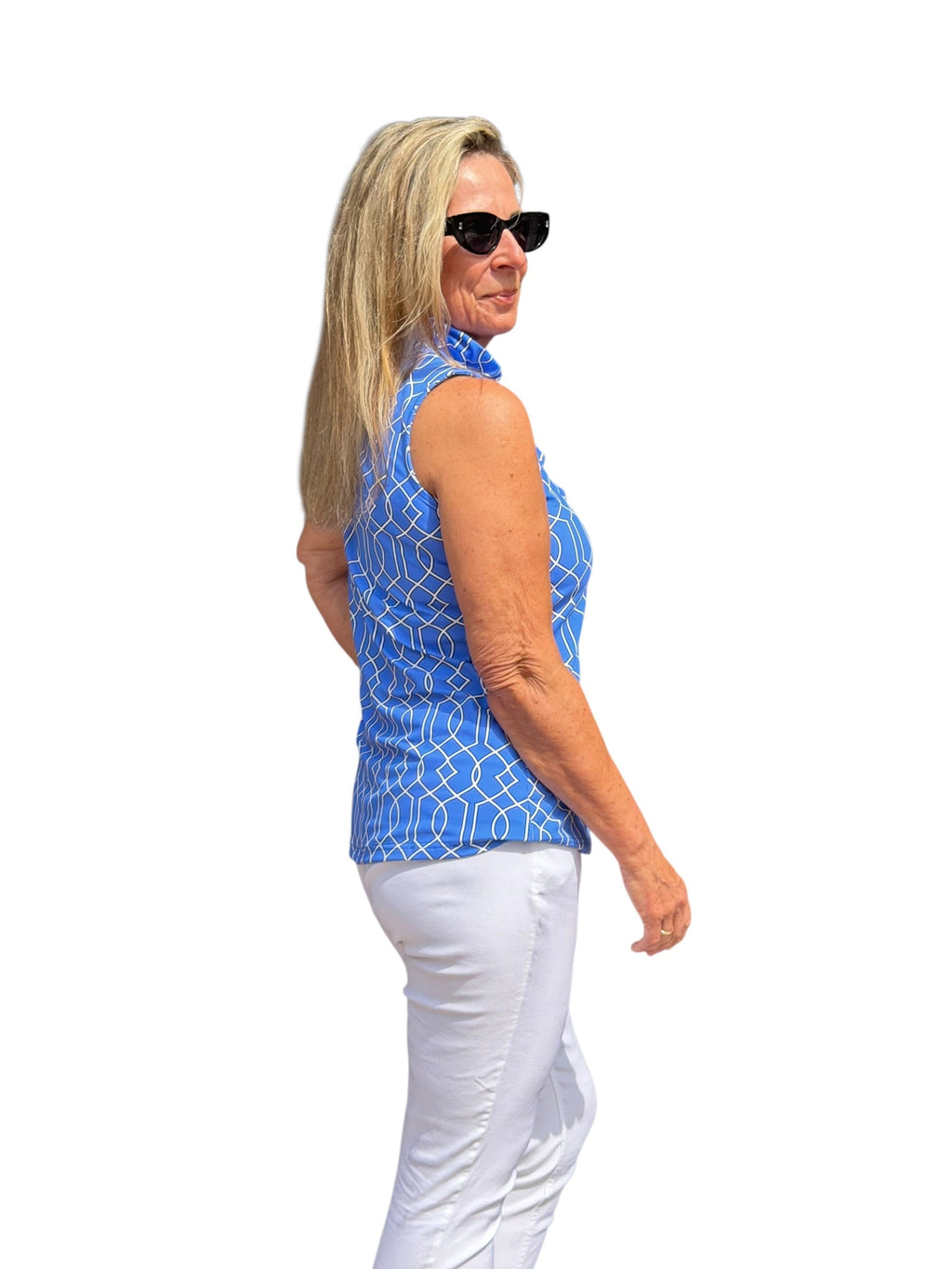 Ruffle - Neck Top with UPF50+ Geometric Lines Peri - Back of the Bay Boutique