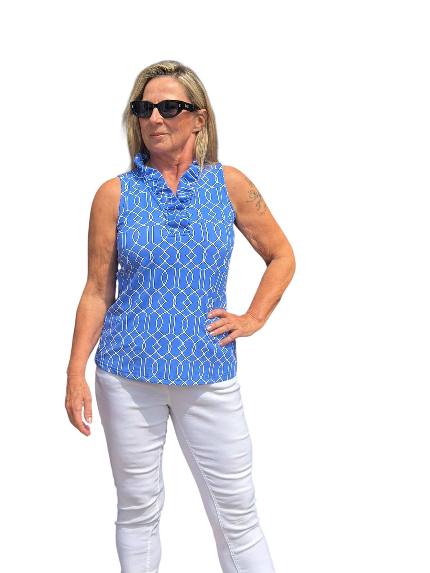 Ruffle - Neck Top with UPF50+ Geometric Lines Peri - Back of the Bay Boutique