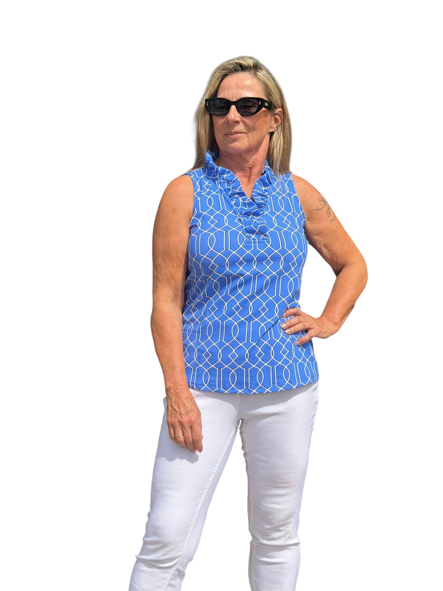 Ruffle - Neck Top with UPF50+ Geometric Lines Peri - Back of the Bay Boutique