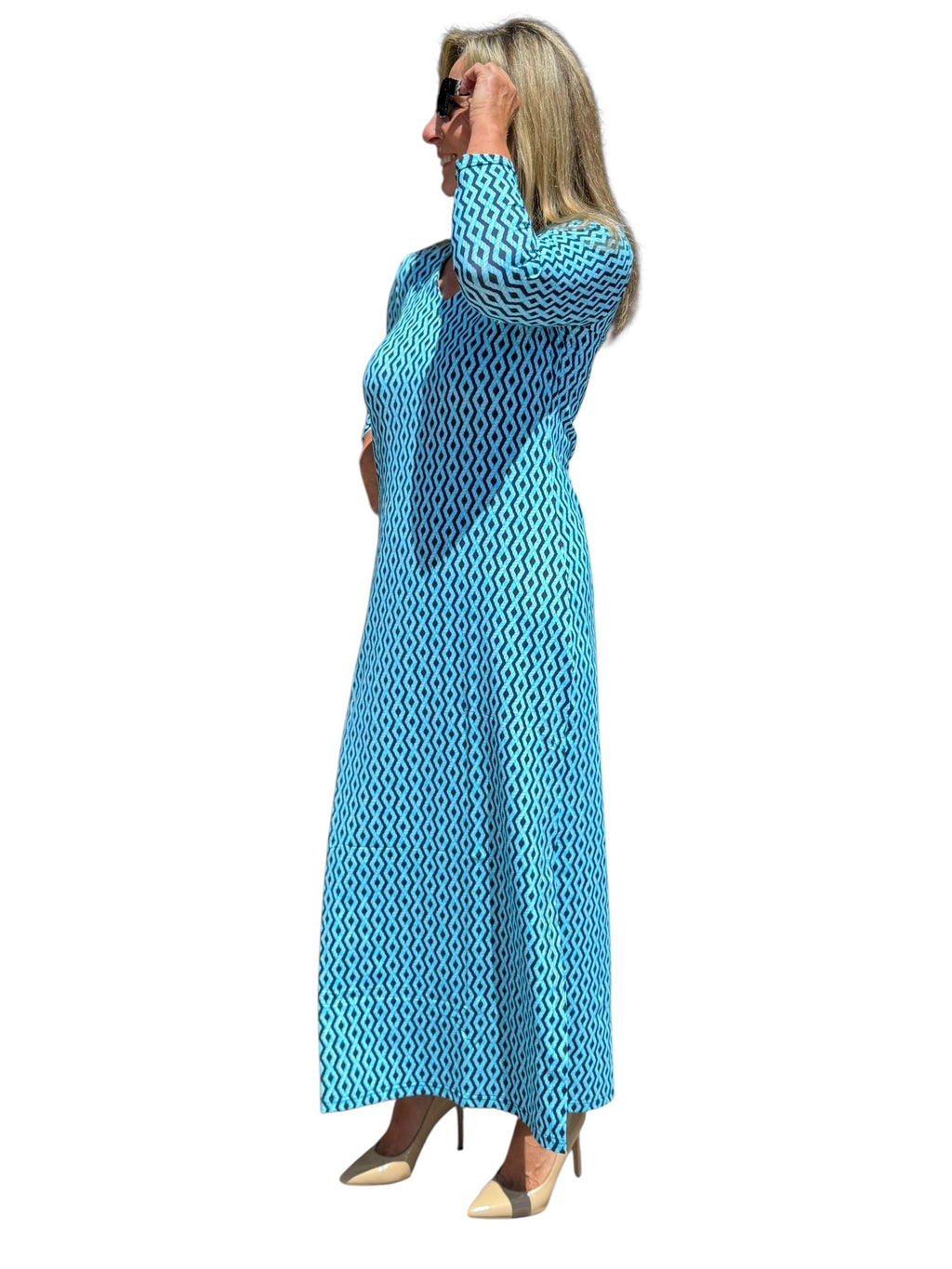 Maxi Elbow - Sleeve Dress with UPF50+ Nautical Ropes Turquoise - Back of the Bay Boutique