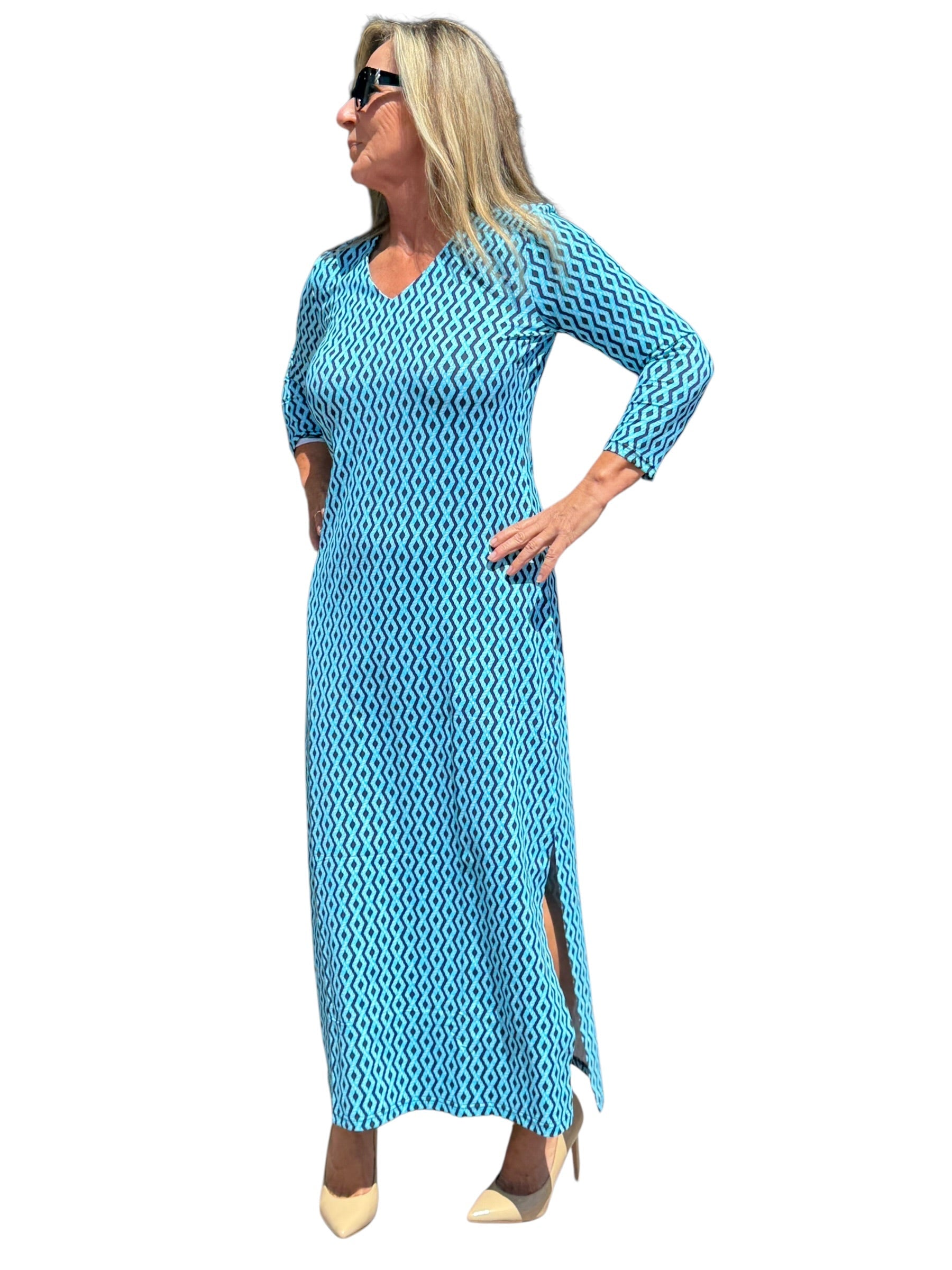 Maxi Elbow - Sleeve Dress with UPF50+ Nautical Ropes Turquoise - Back of the Bay Boutique